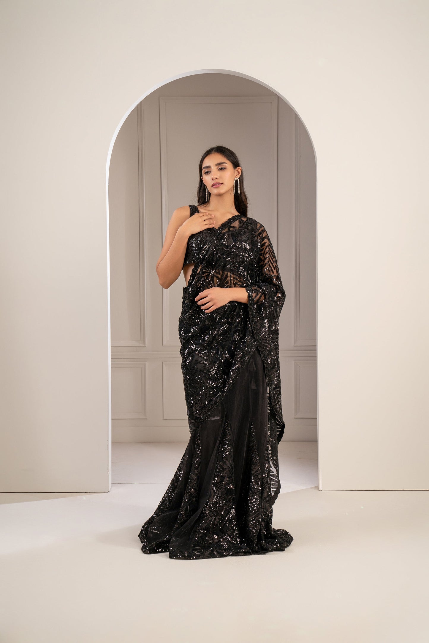 Charcoal Black Organza Net Cocktail Saree