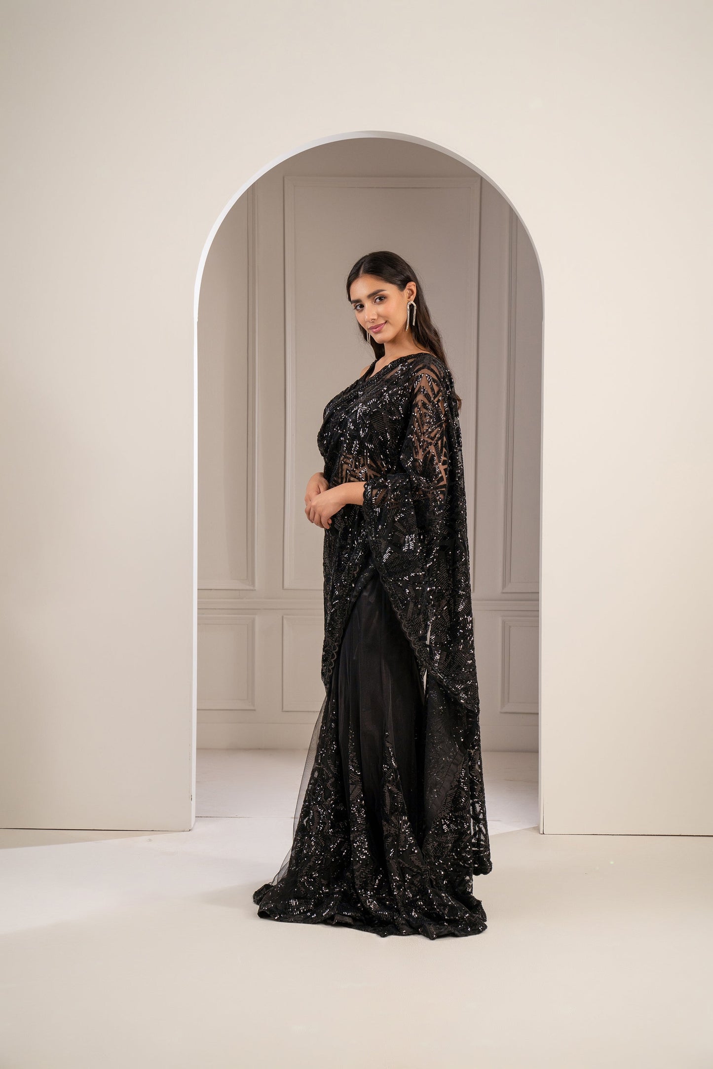 Charcoal Black Organza Net Cocktail Saree
