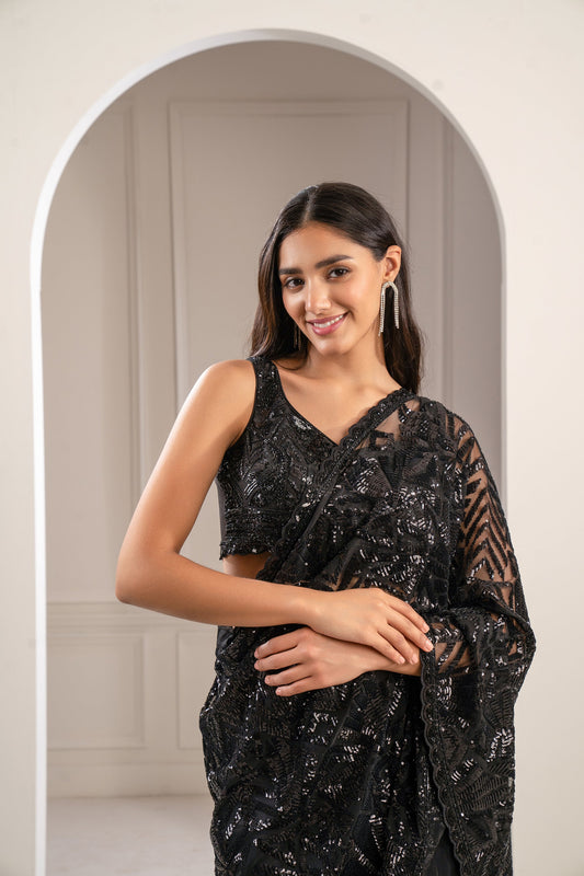Charcoal Black Organza Net Cocktail Saree