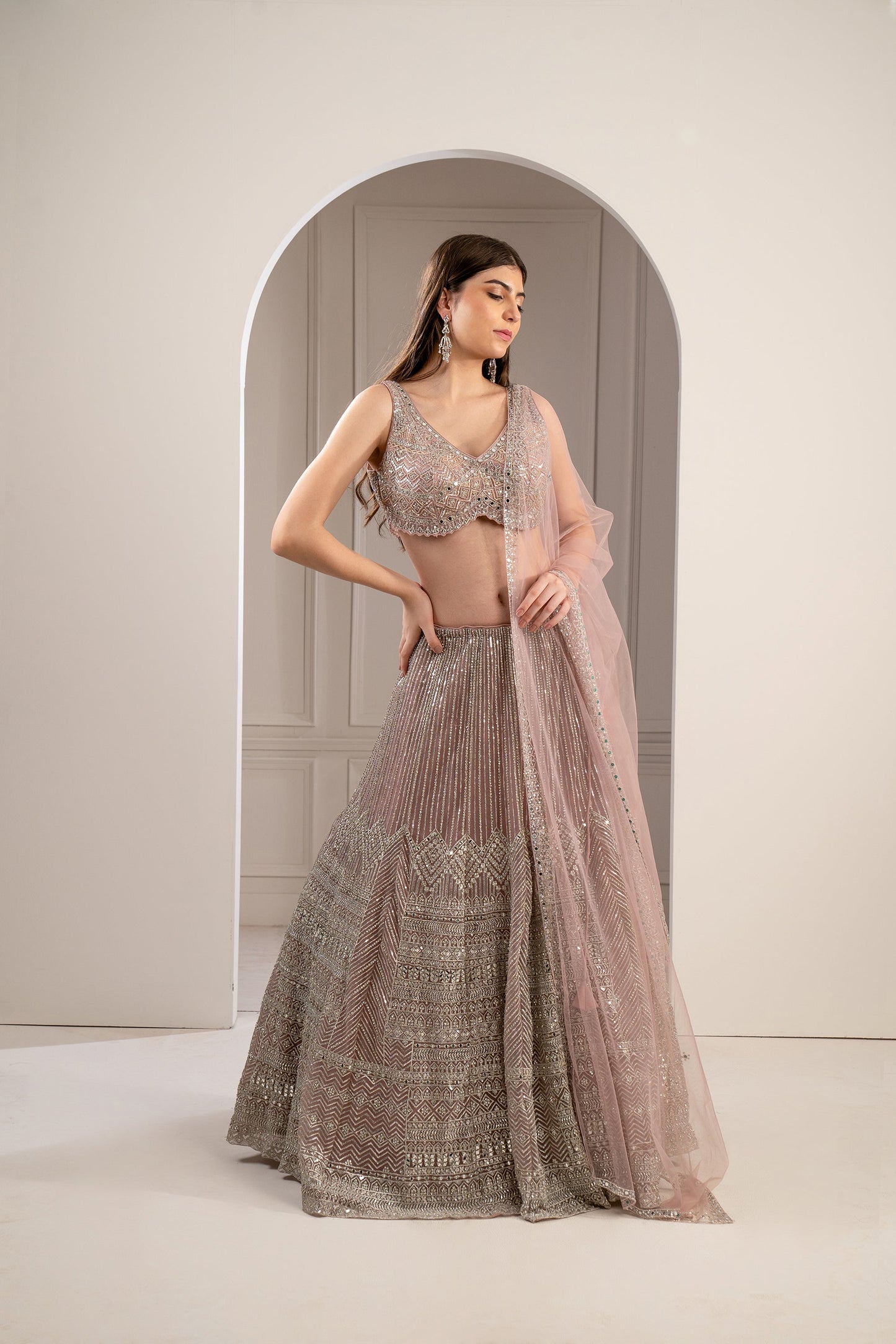 Peach Rose Heavily Embroidered Net Lehenga Set