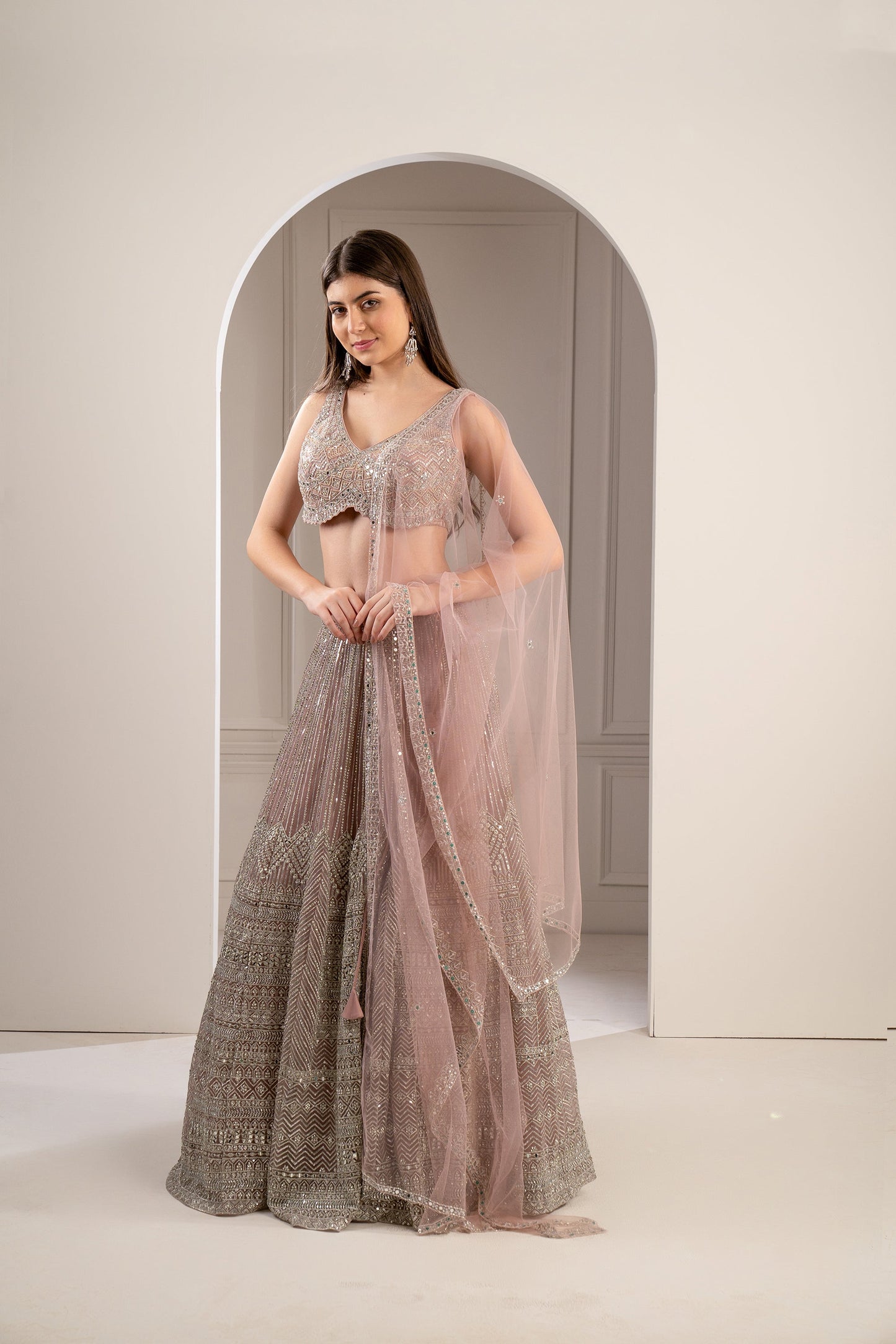 Peach Rose Heavily Embroidered Net Lehenga Set