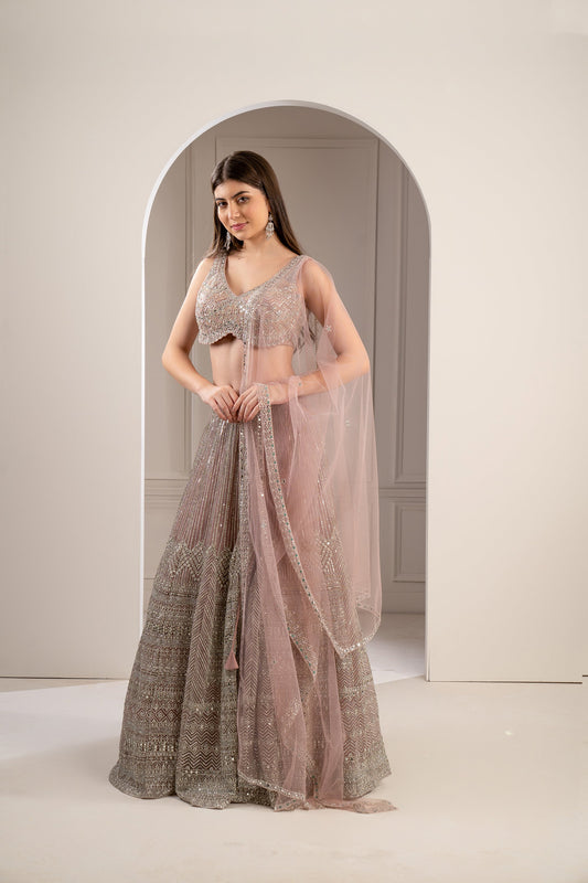 Peach Rose Heavily Embroidered Net Lehenga Set
