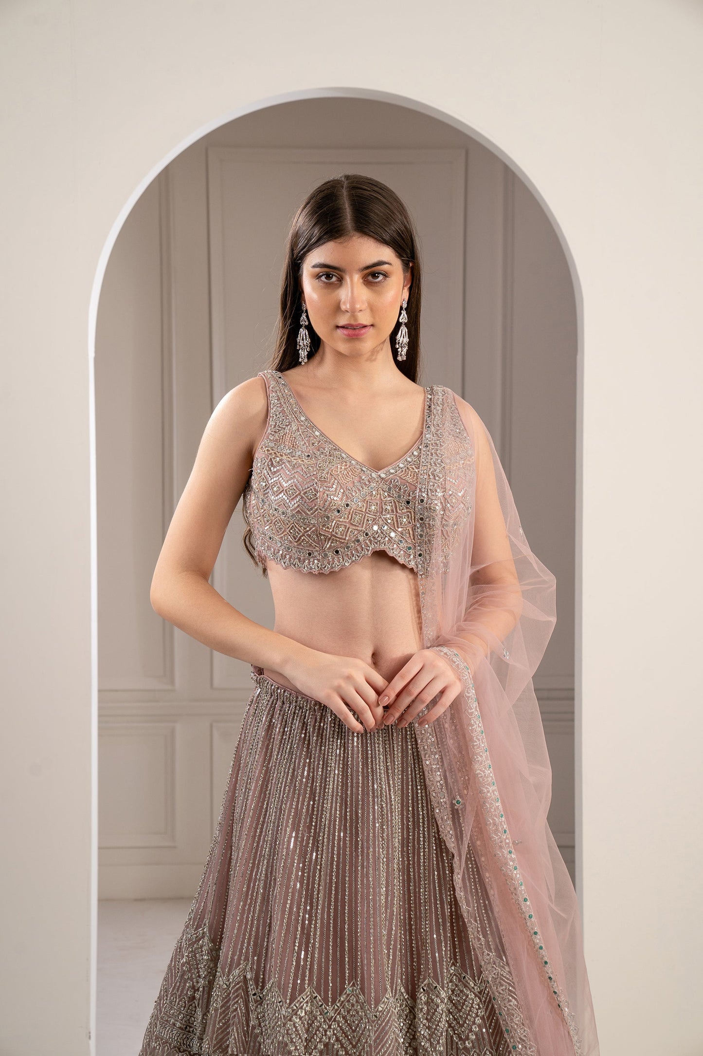 Peach Rose Heavily Embroidered Net Lehenga Set