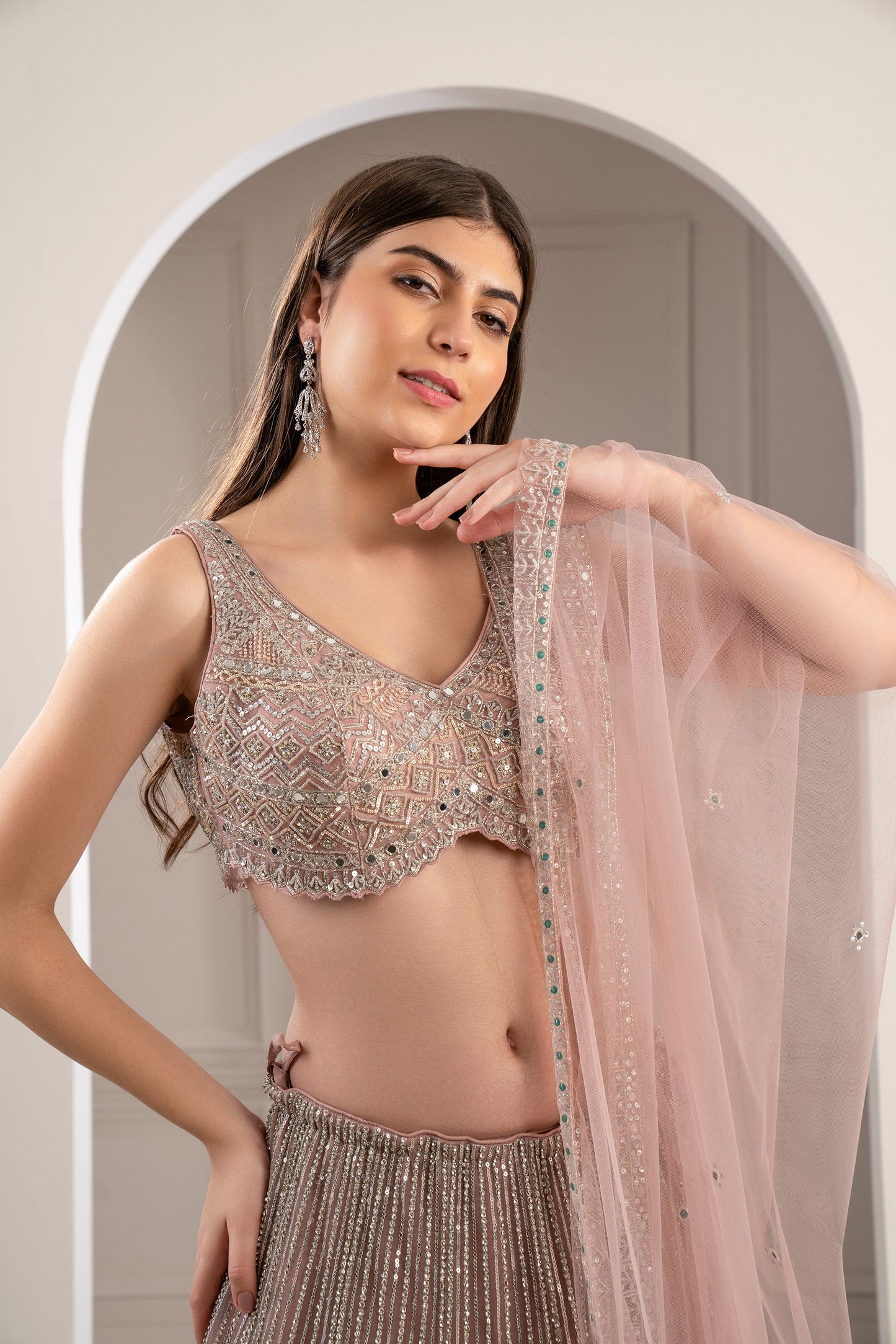 Peach Rose Heavily Embroidered Net Lehenga Set