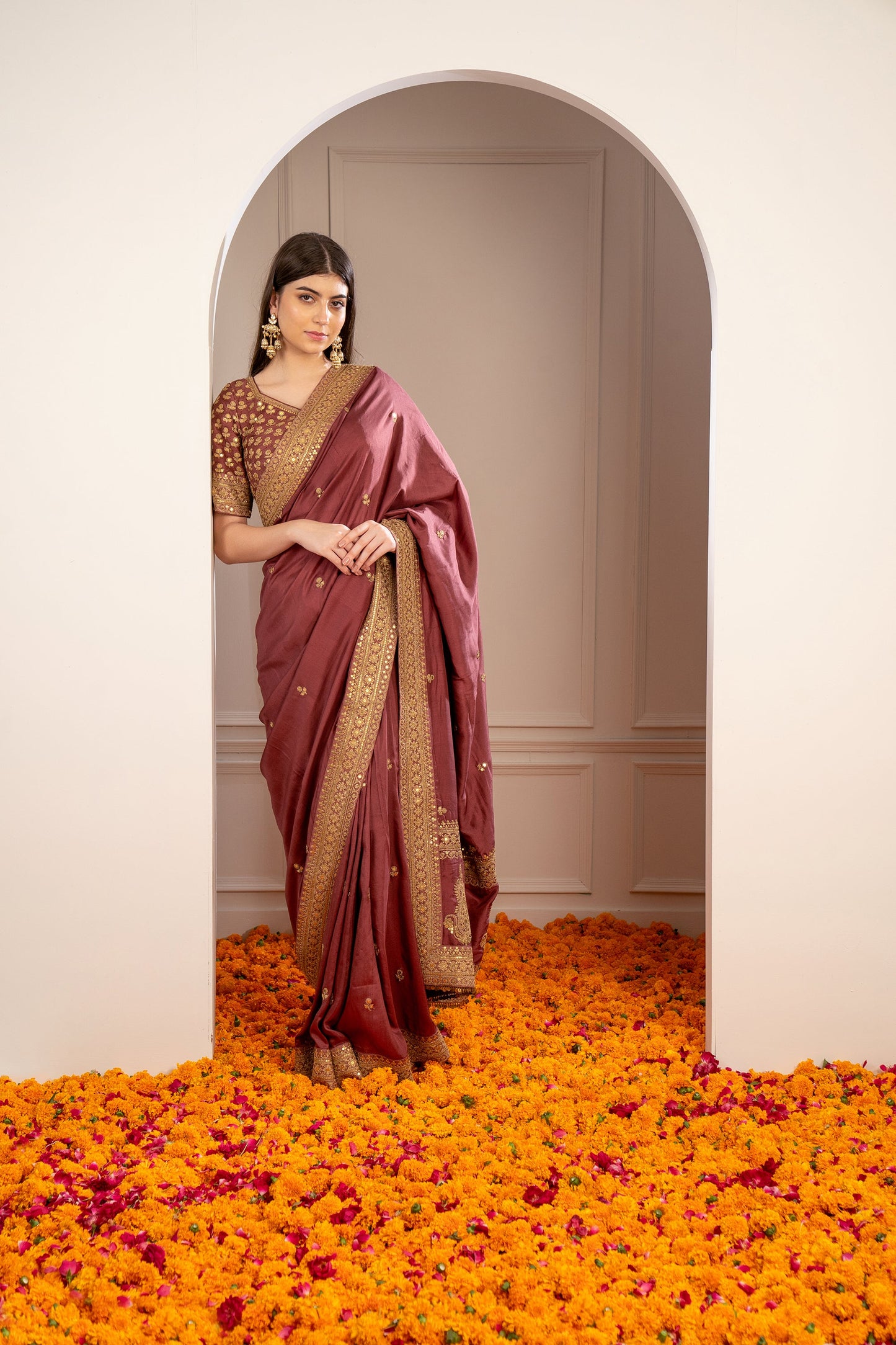 Brick Red Soft Silk Saree with Pita Work