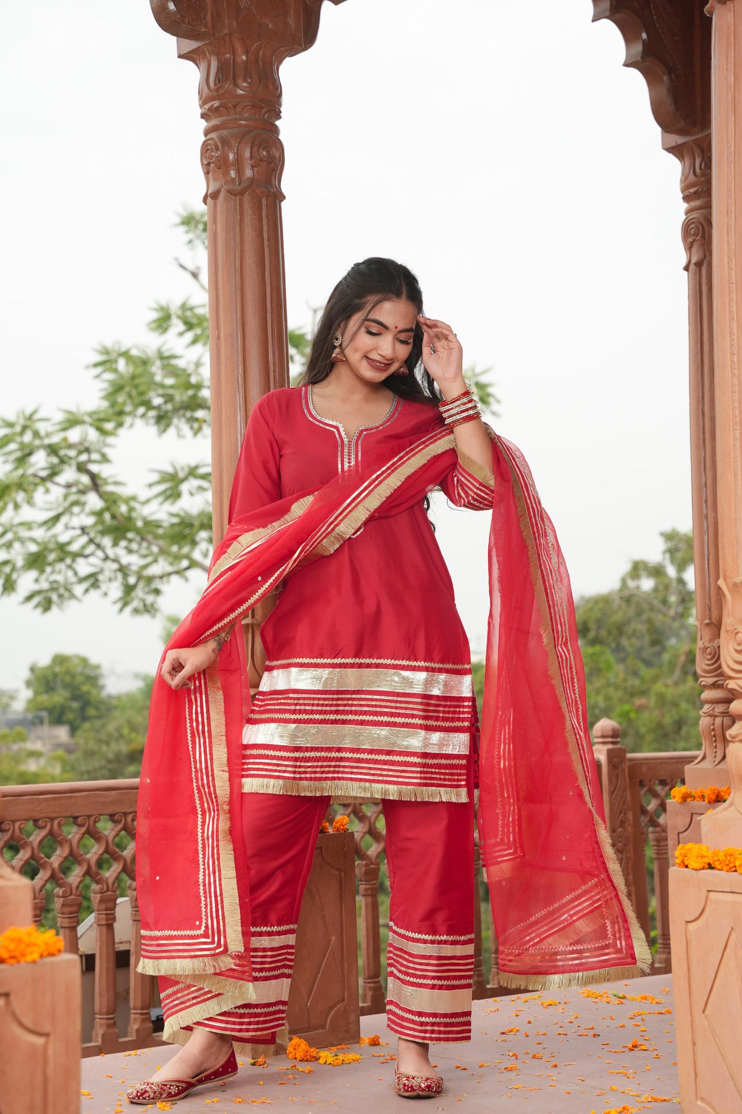 Red Nazaqat Silk Straight Suit Set