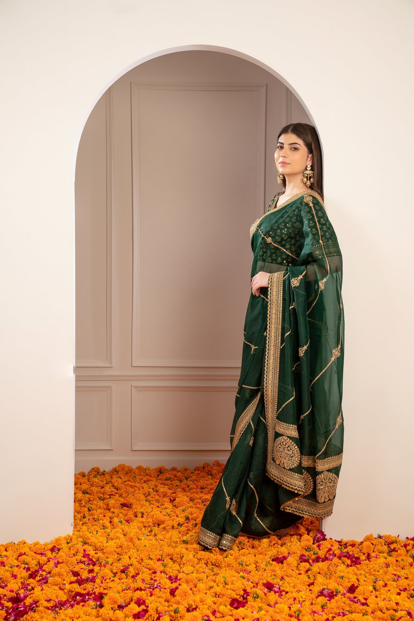 Pine Green Semi Silk Saree with Pita work