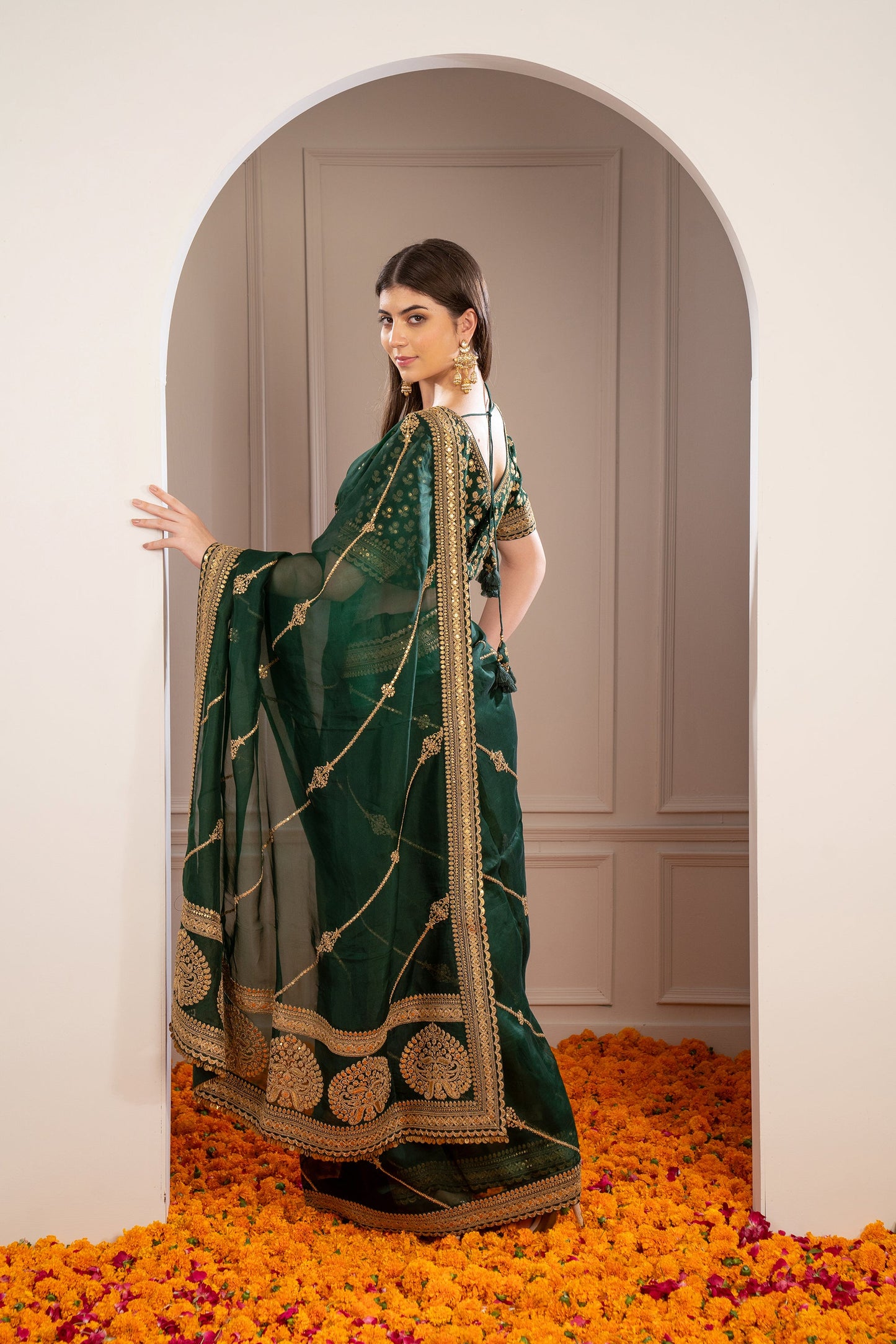 Pine Green Semi Silk Saree with Pita work