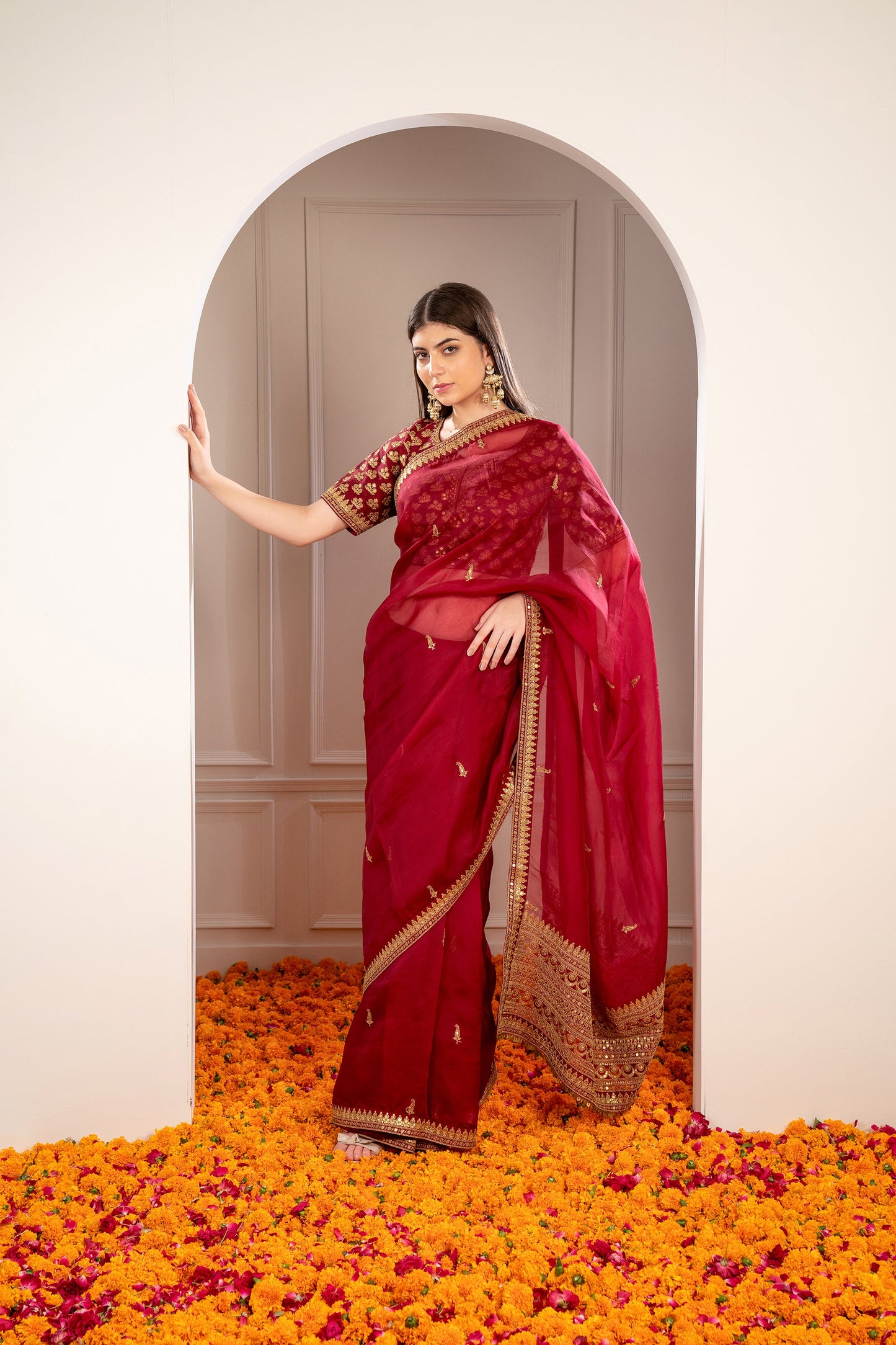 Maroon Organza Saree with machine work