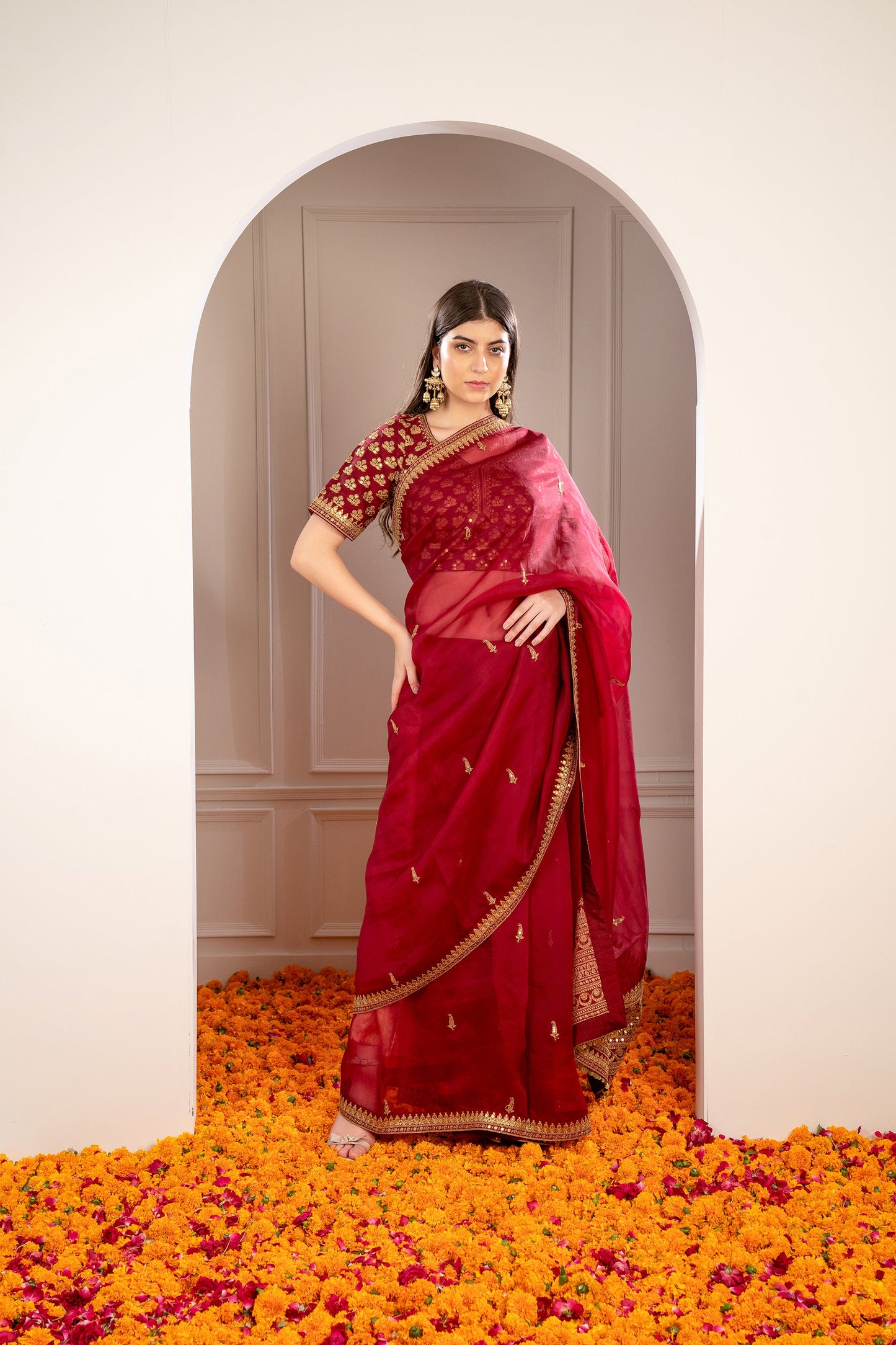 Maroon Organza Saree with machine work