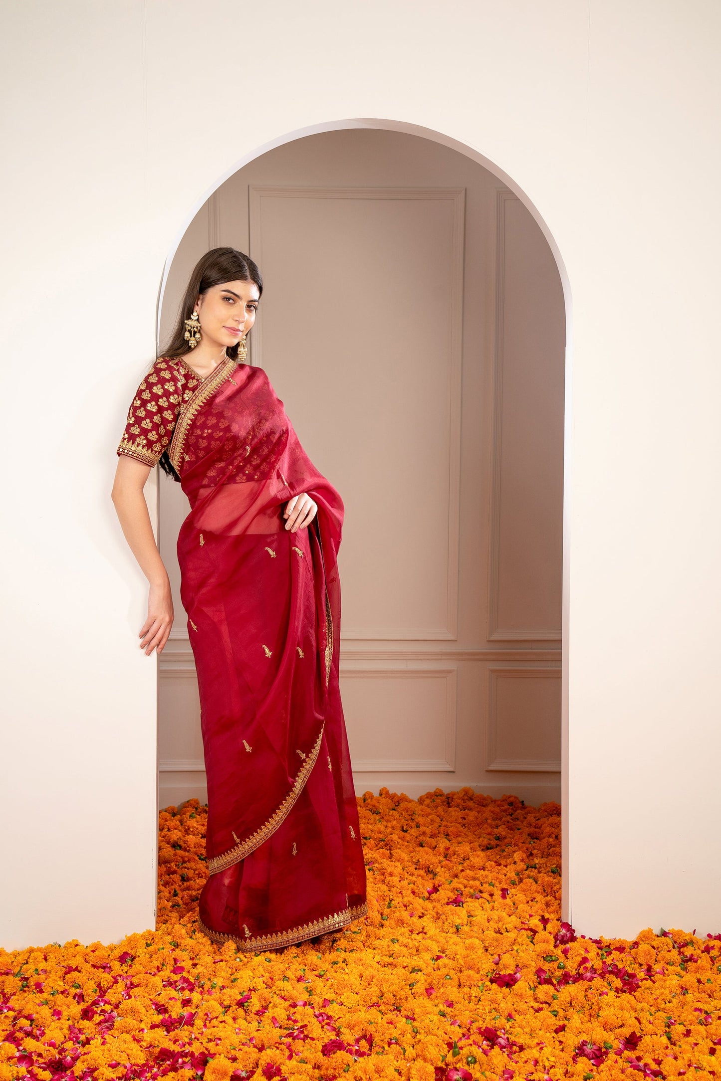 Maroon Organza Saree with machine work
