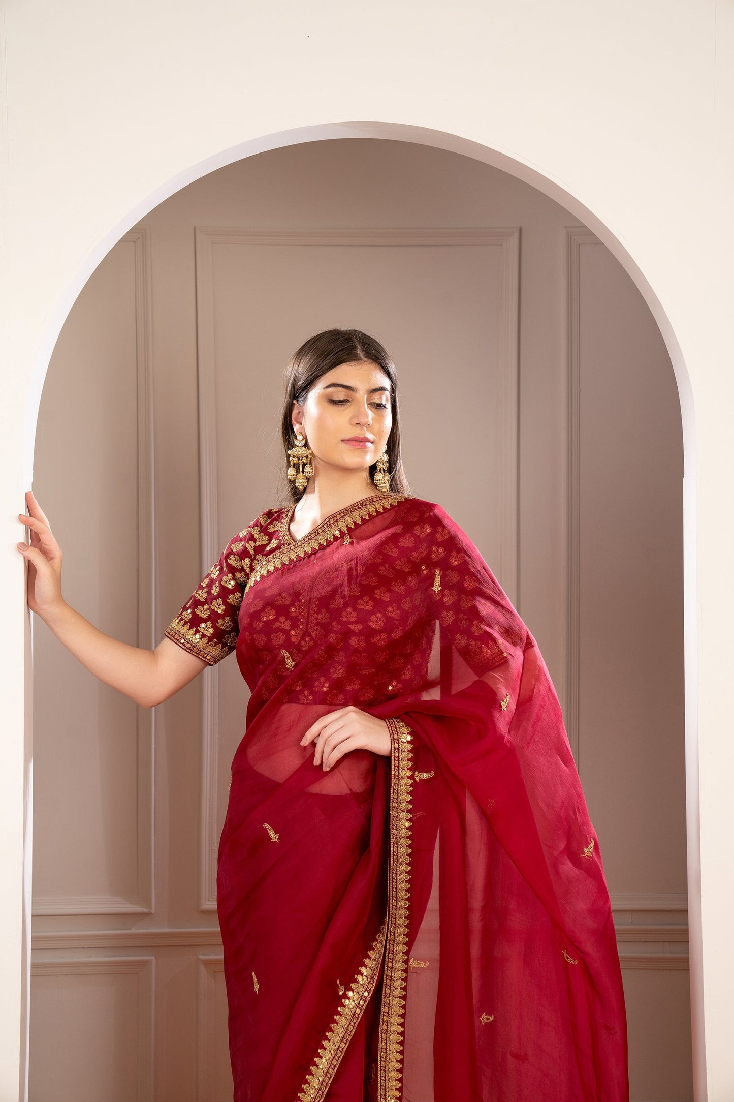 Maroon Organza Saree with machine work