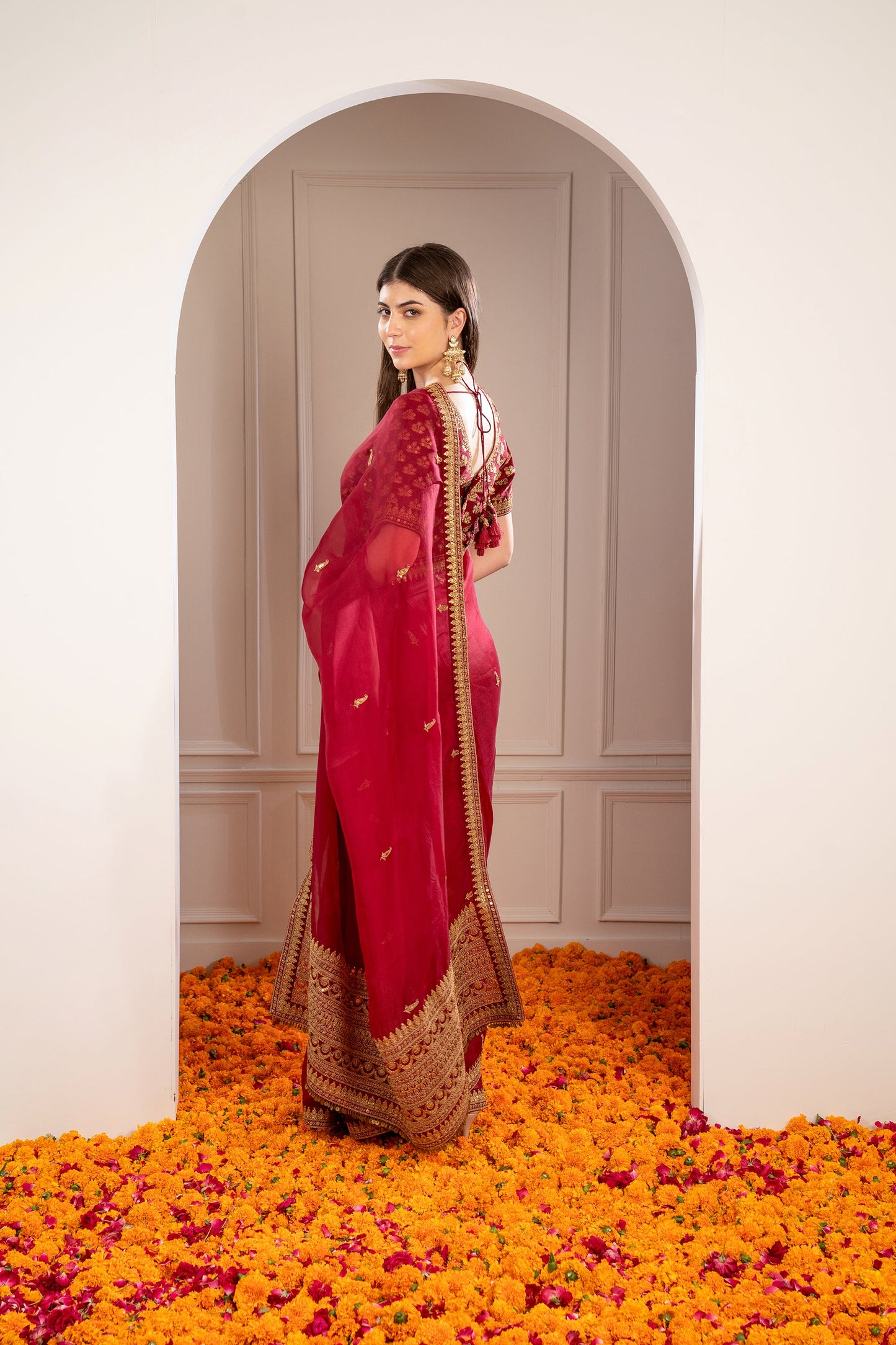 Maroon Organza Saree with machine work