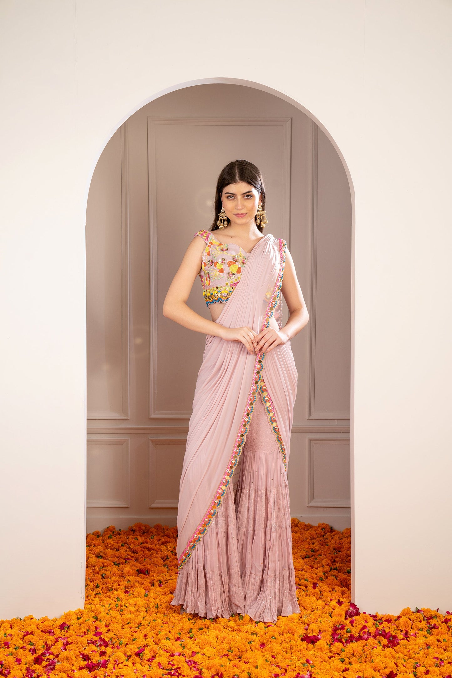 Melon Peach Georgette Mirror Embellished Drape Sharara Saree