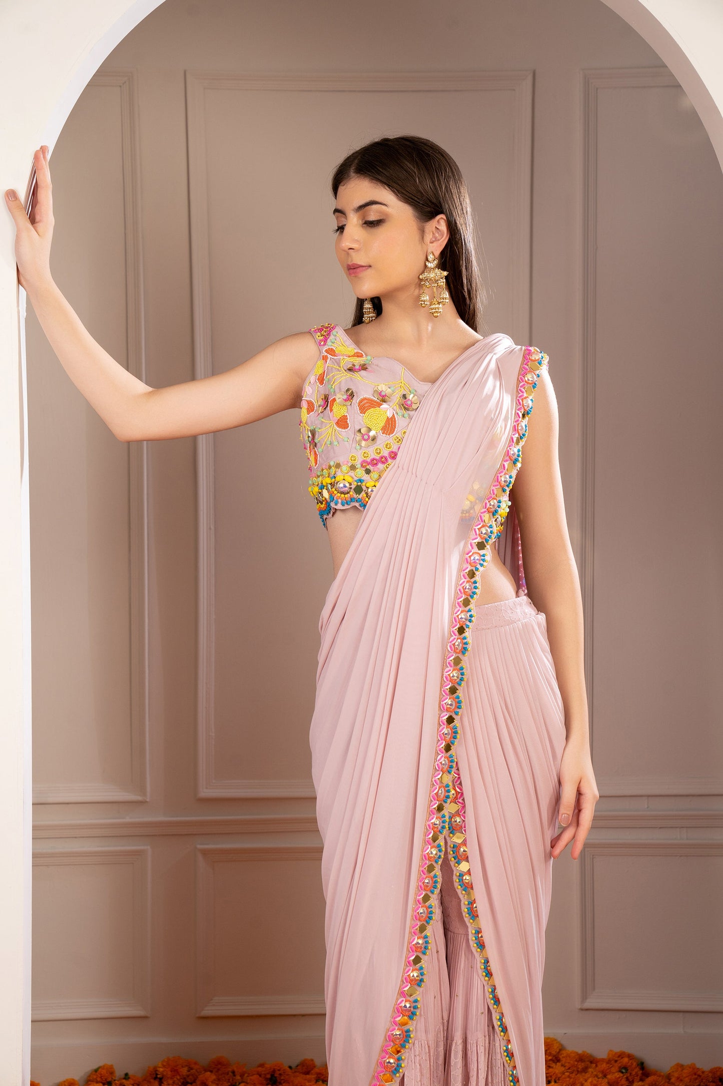 Melon Peach Georgette Mirror Embellished Drape Sharara Saree