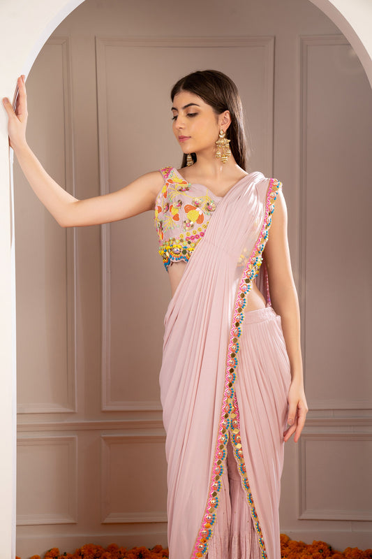 Melon Peach Georgette Mirror Embellished Drape Sharara Saree