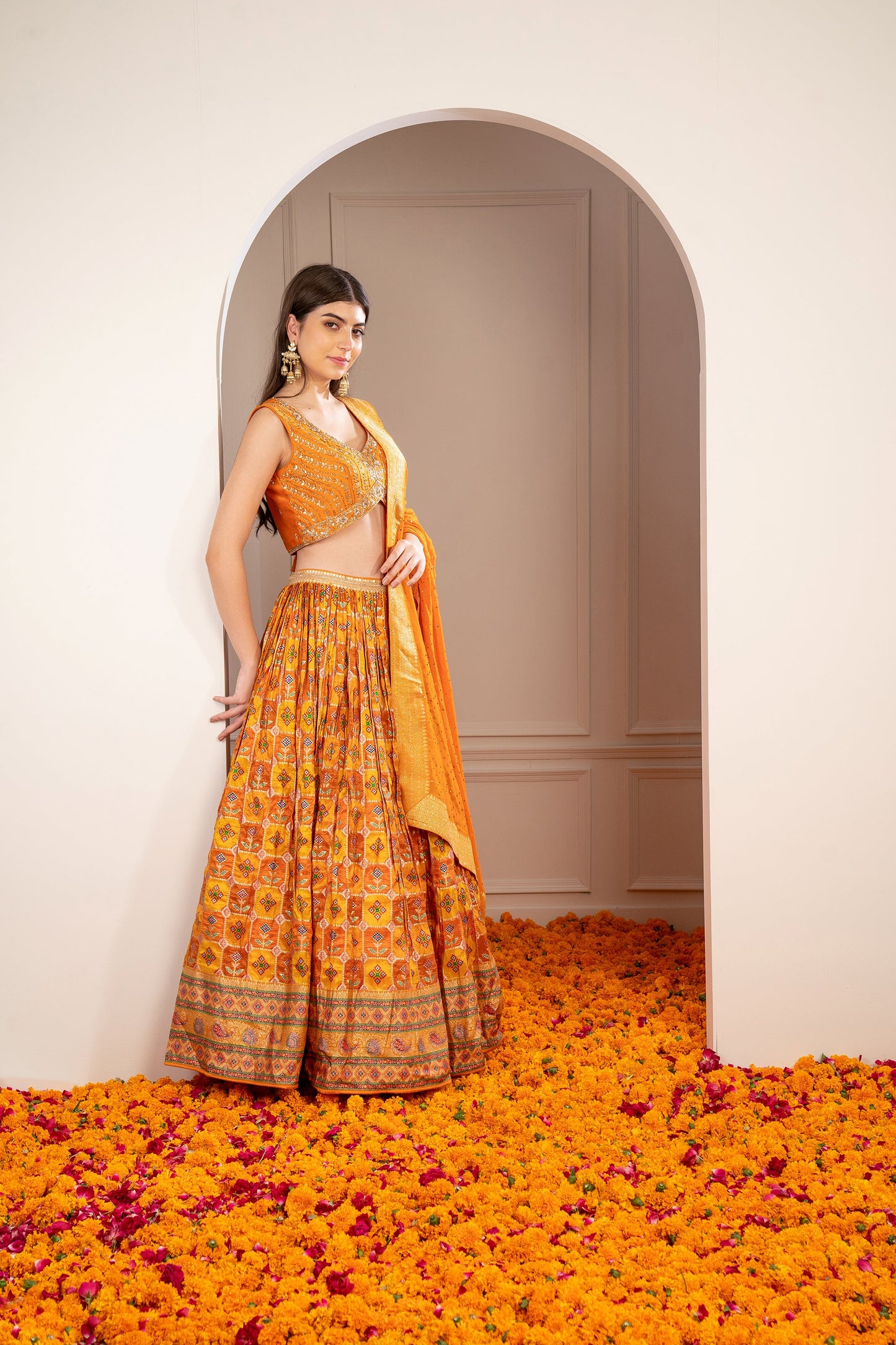 Tangerine Orange Soft Silk Hand Embroidered Lehenga Set