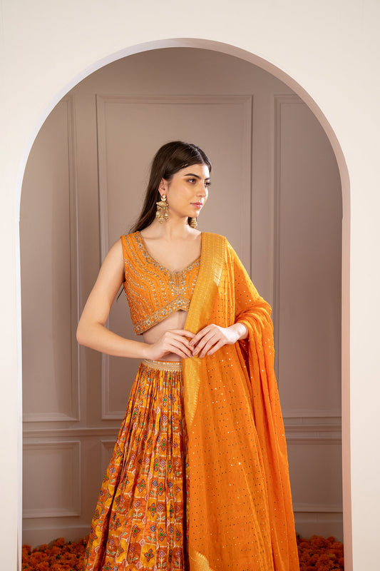 Tangerine Orange Soft Silk Hand Embroidered Lehenga Set