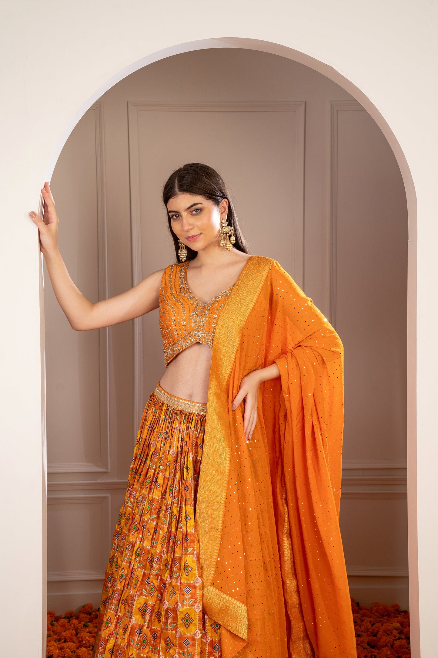 Tangerine Orange Soft Silk Hand Embroidered Lehenga Set