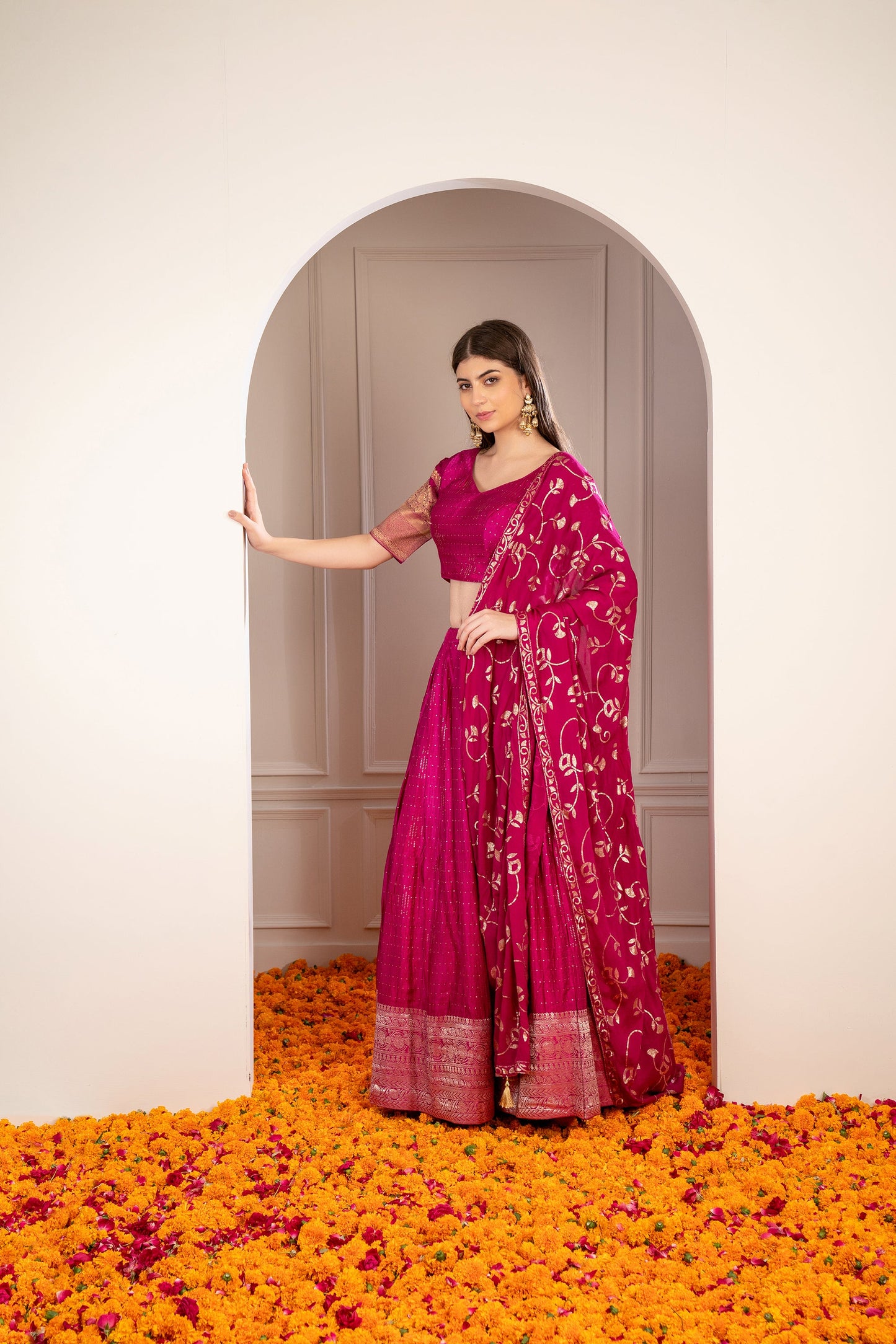 Magenta Pink Satin Silk Sequinned Lehenga Set.