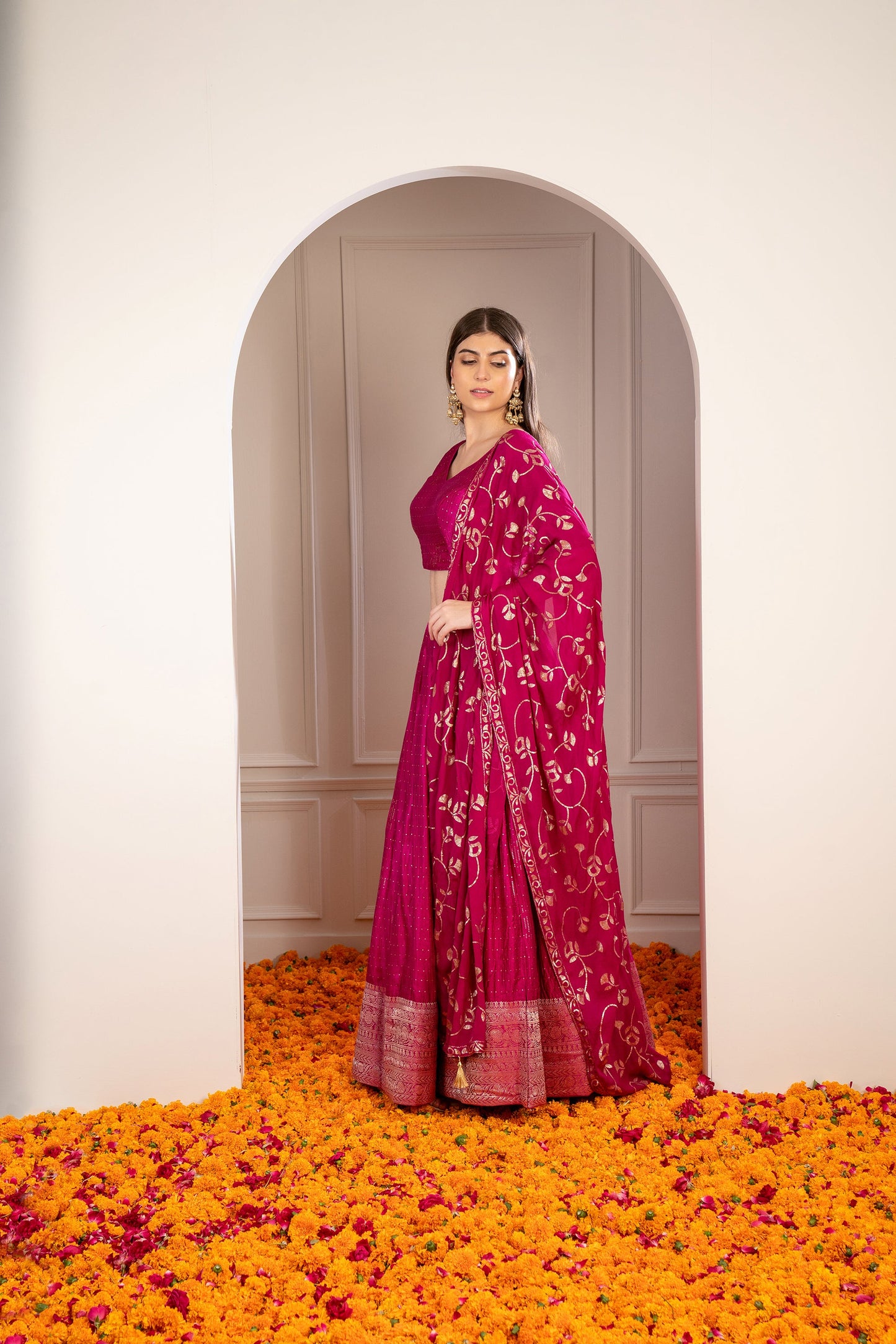 Magenta Pink Satin Silk Sequinned Lehenga Set.
