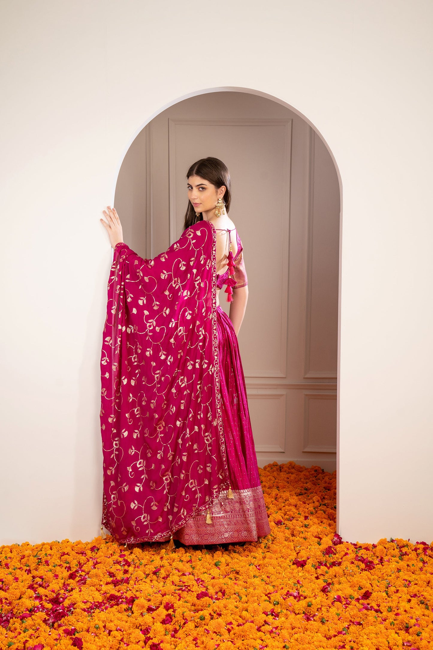 Magenta Pink Satin Silk Sequinned Lehenga Set.