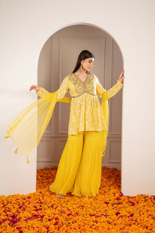 Sunglow Yellow Georgette Embroidered Indo Western Sharara Set