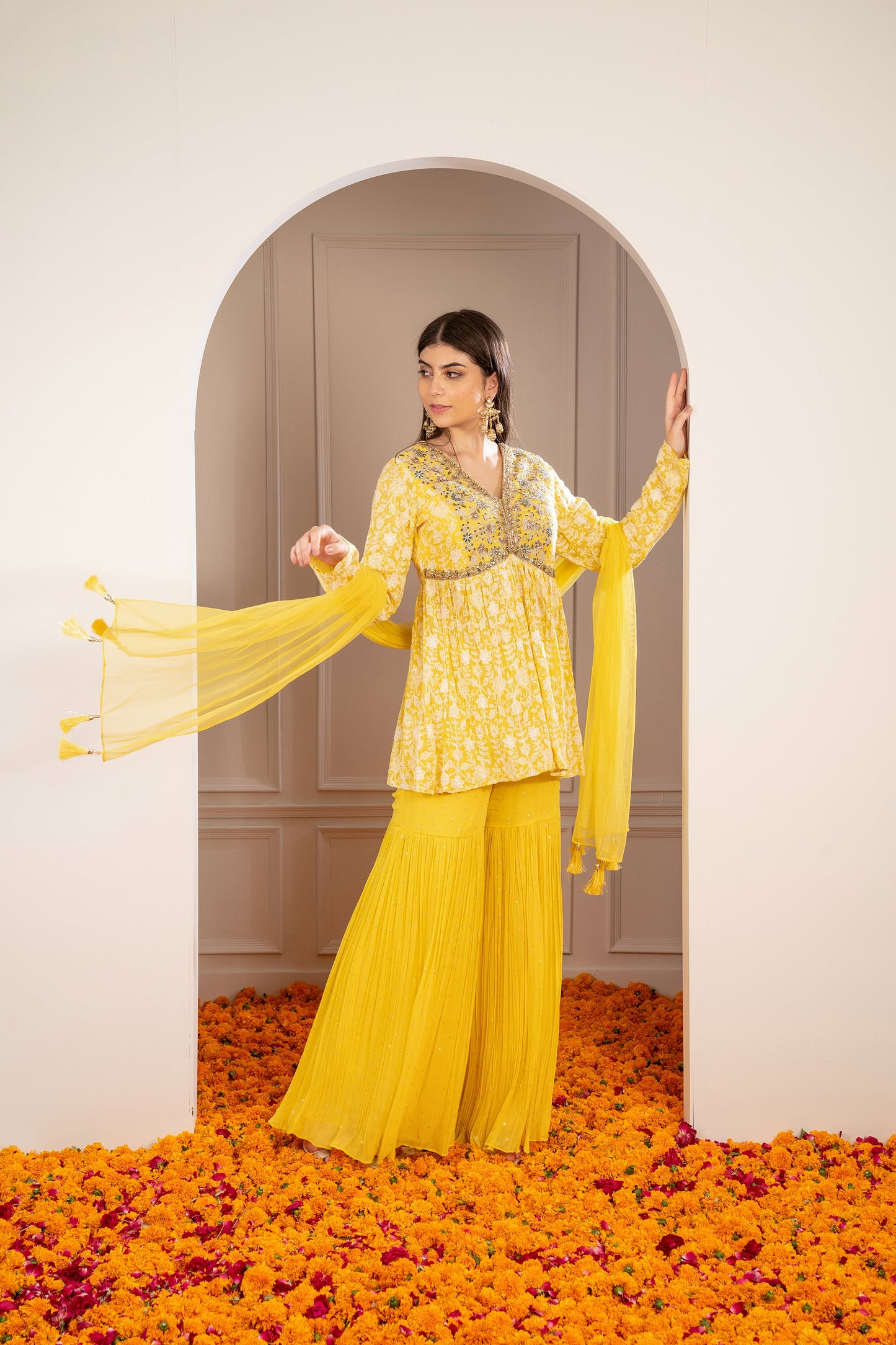 Sunglow Yellow Georgette Embroidered Indo Western Sharara Set