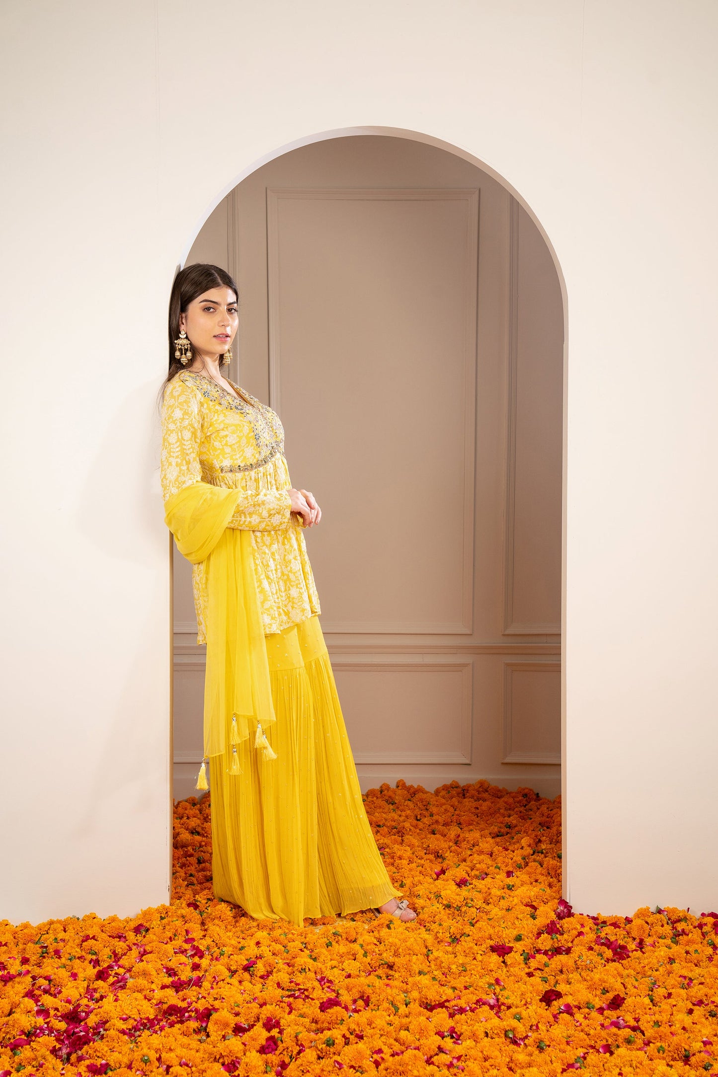 Sunglow Yellow Georgette Embroidered Indo Western Sharara Set