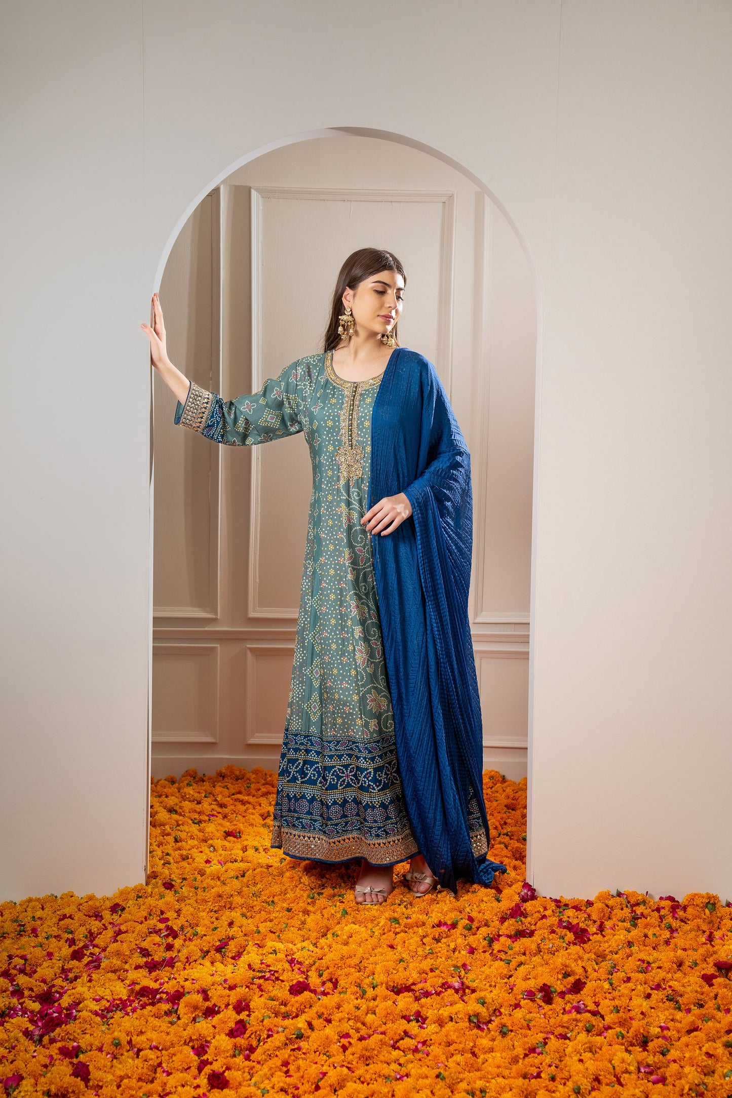 Peacock Green Printed Soft Silk Embroidered Gown