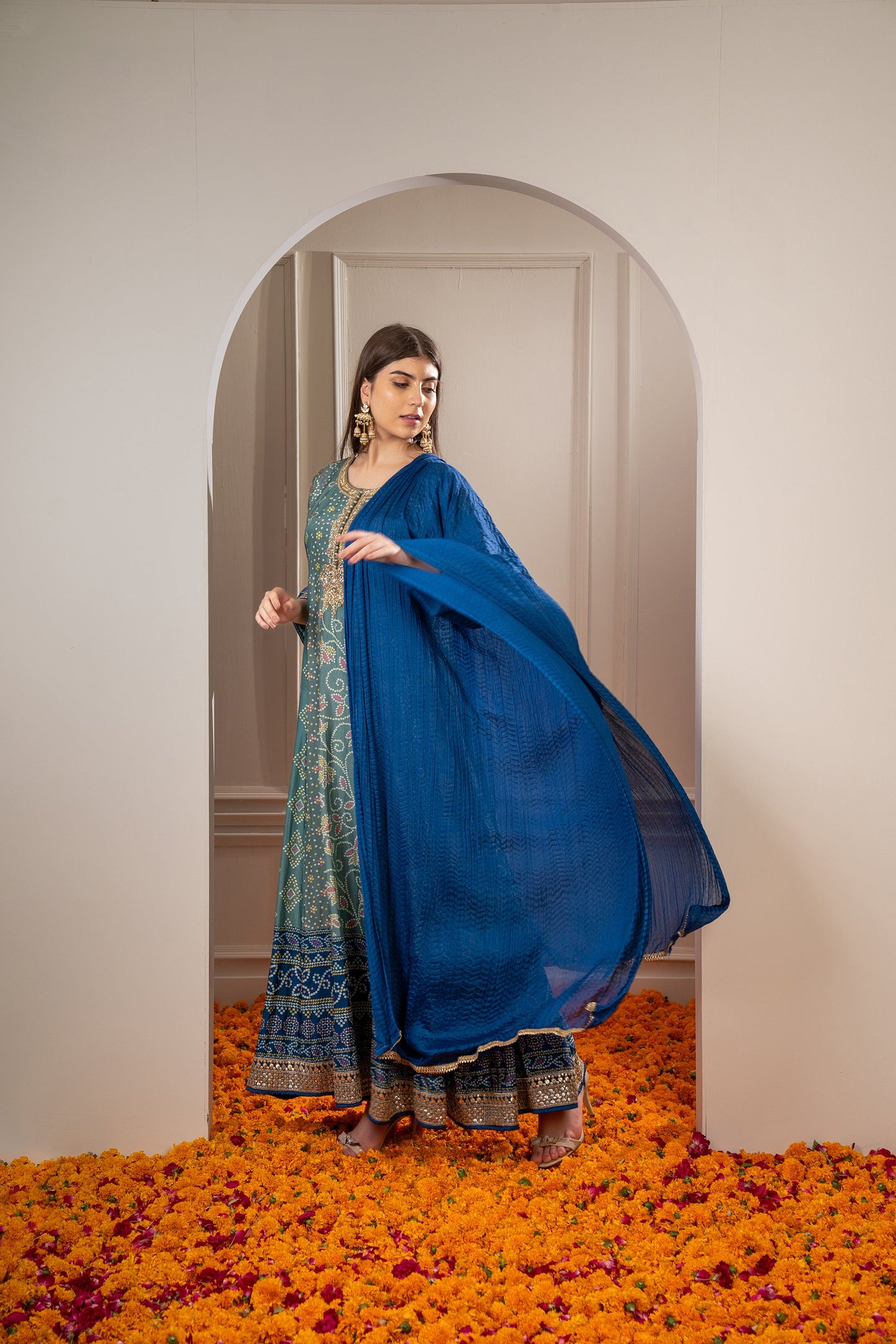 Peacock Green Printed Soft Silk Embroidered Gown