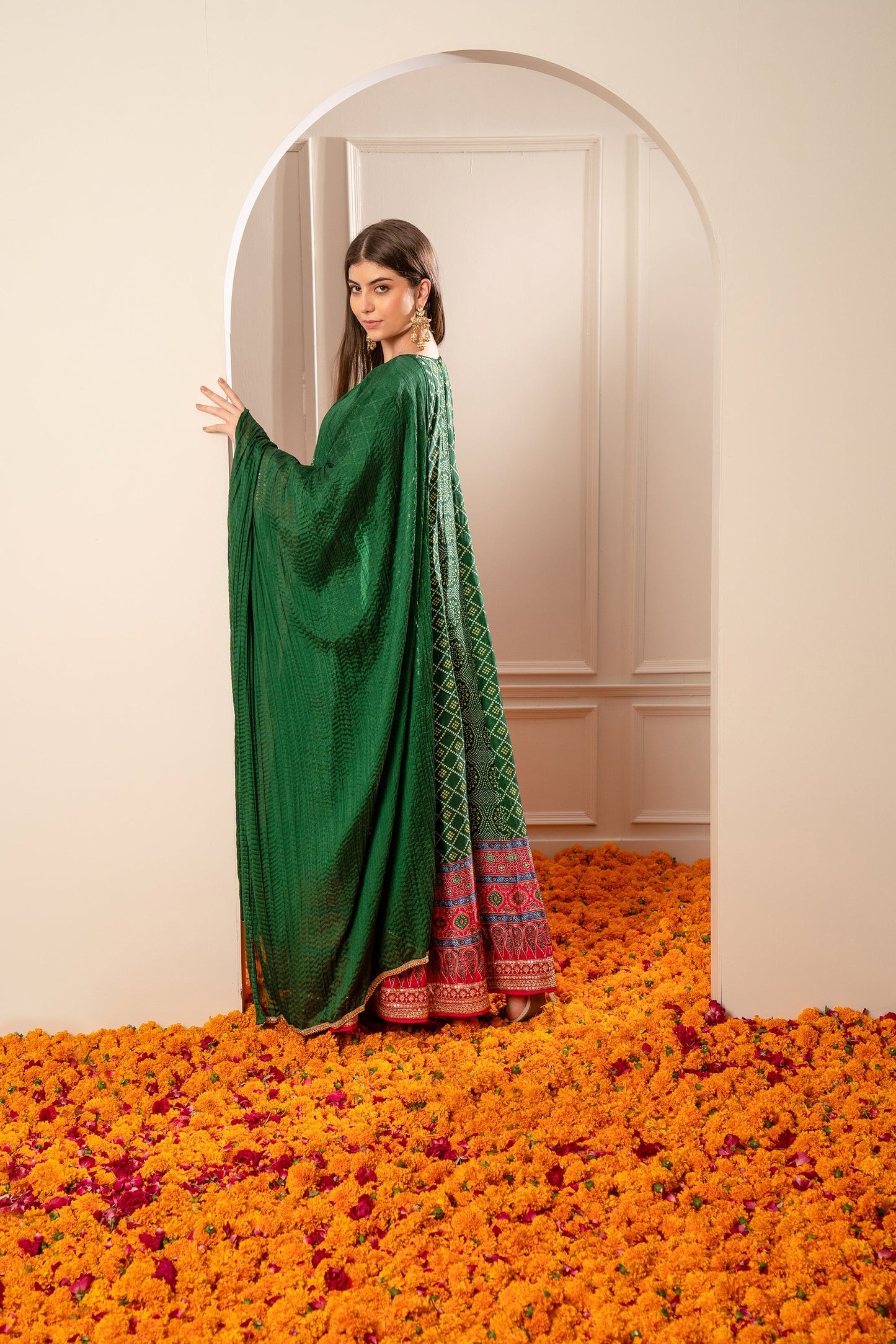 Alpine Green Satin Silk Printed Gown.