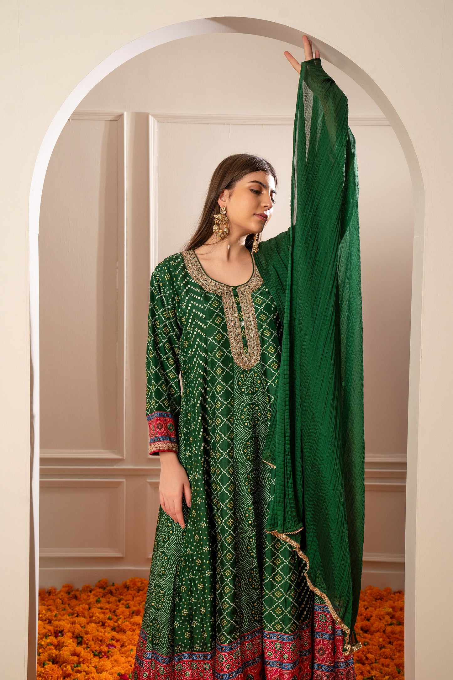 Alpine Green Satin Silk Printed Gown.