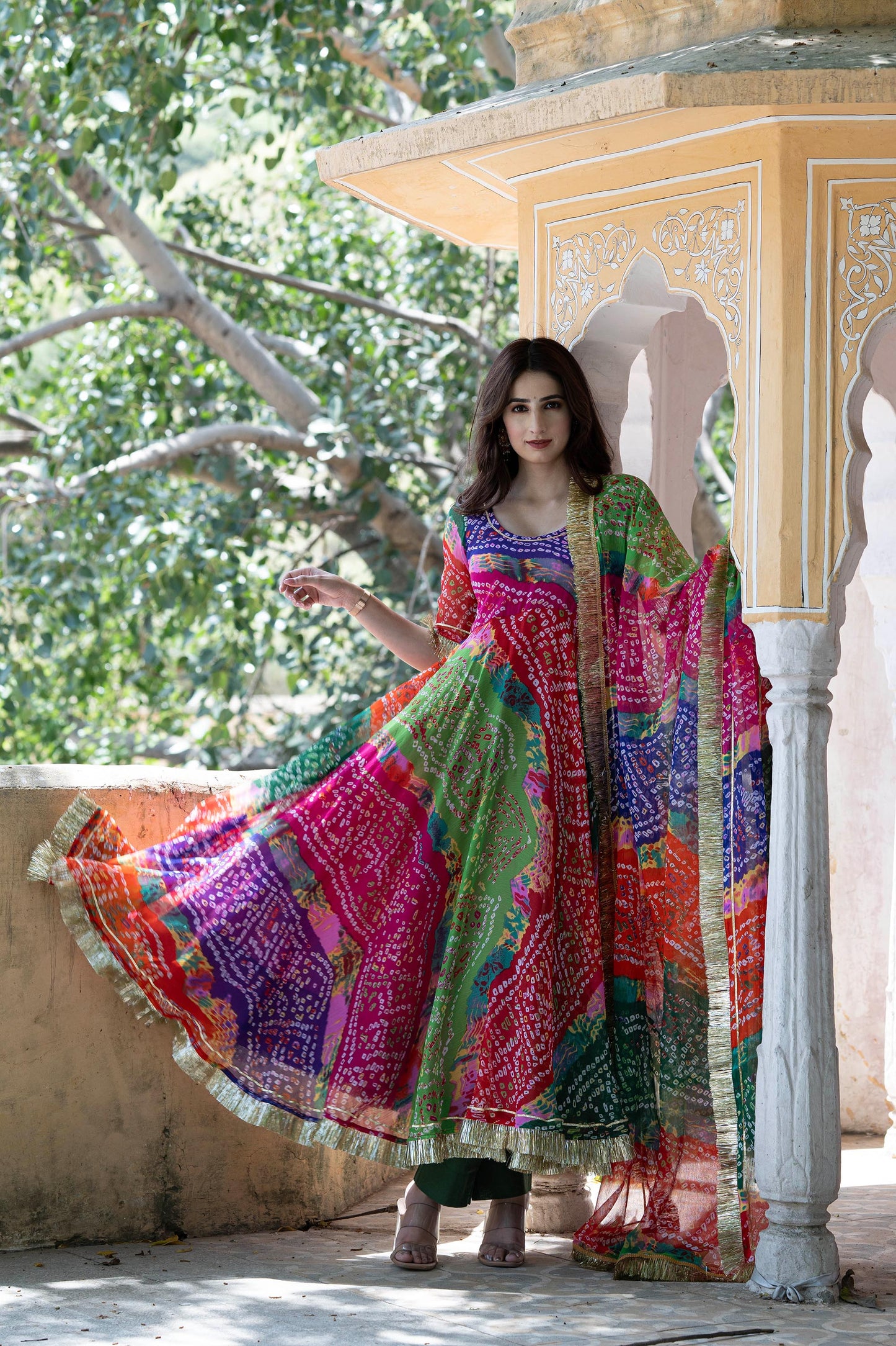 Multi color Rajasthani Color Cluster Pure Chiffon Suit Set