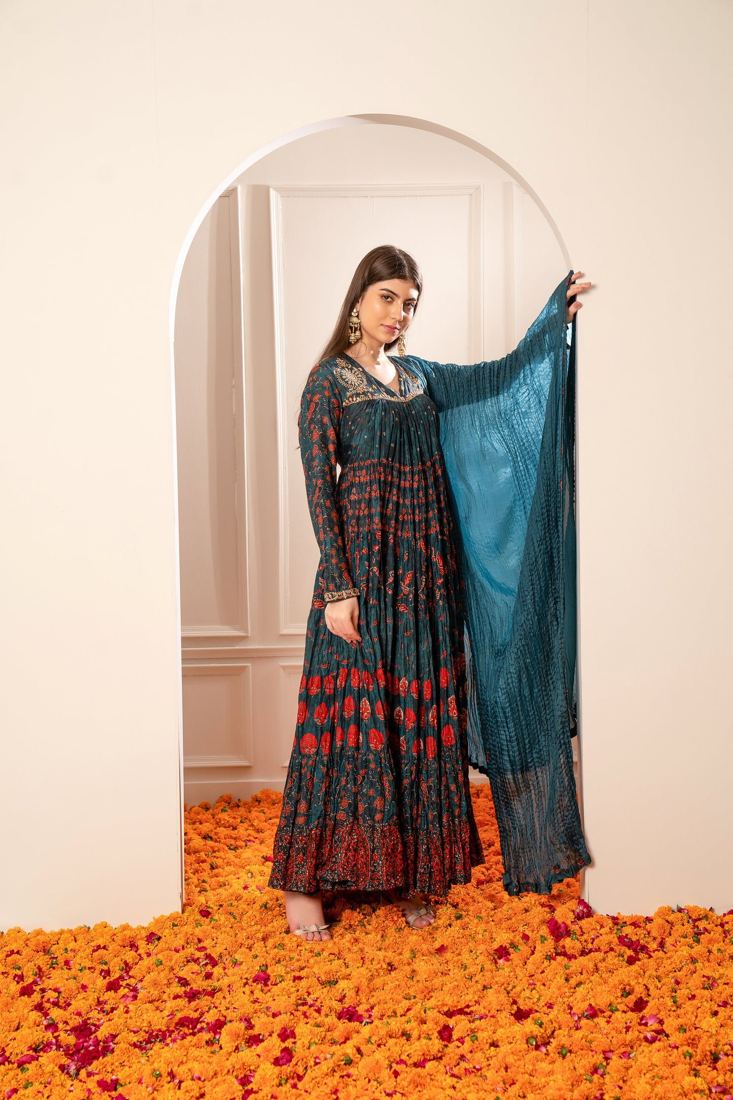 Peacock Blue Soft Silk Printed Gown.