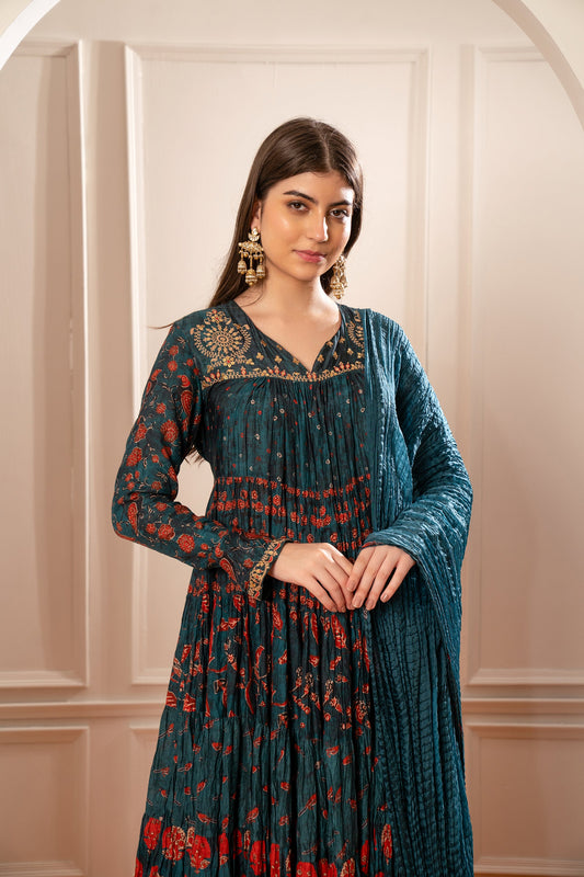 Peacock Blue Soft Silk Printed Gown.