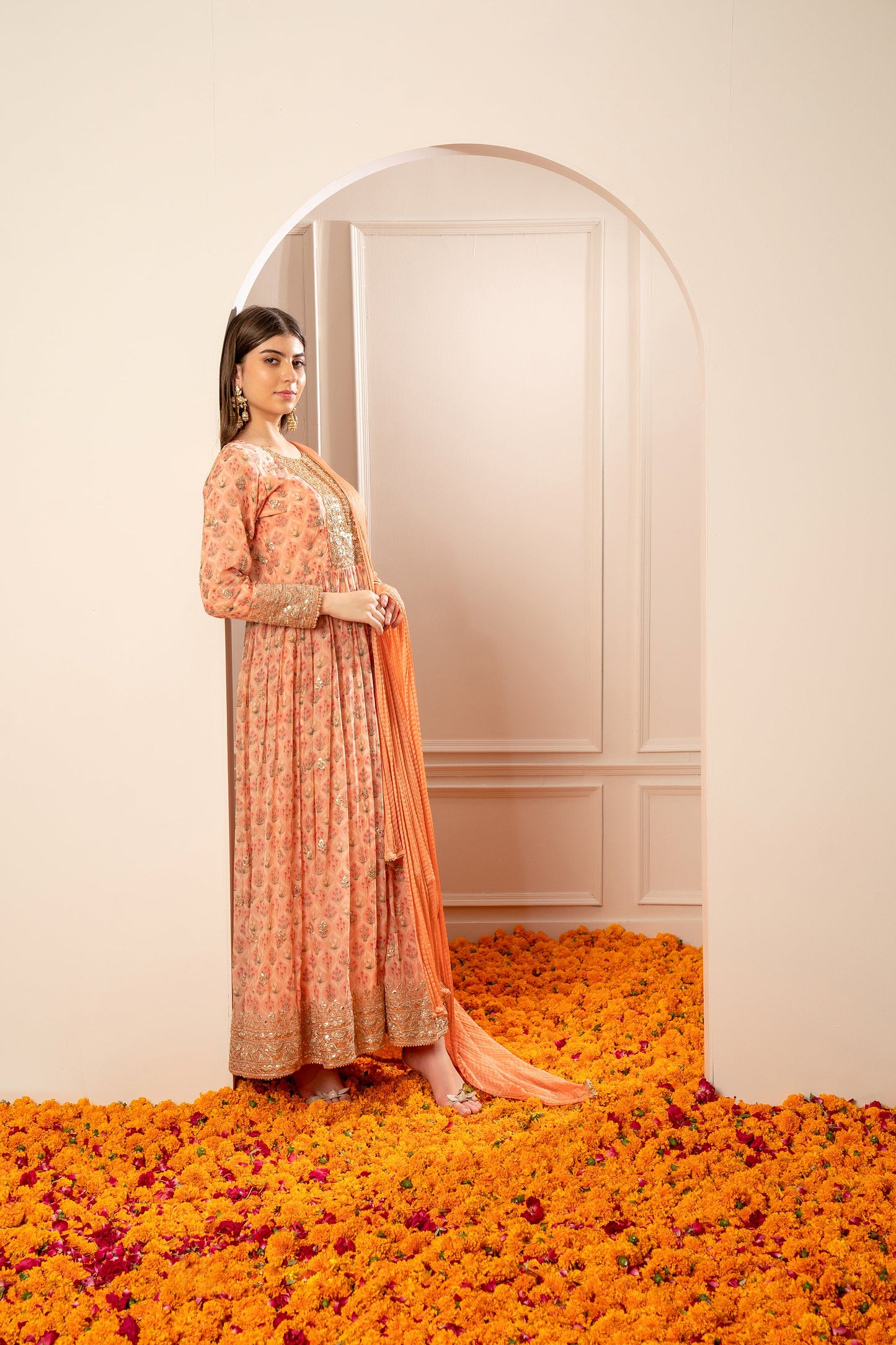 Bright Peach Printed Gota Patti Organza Gown