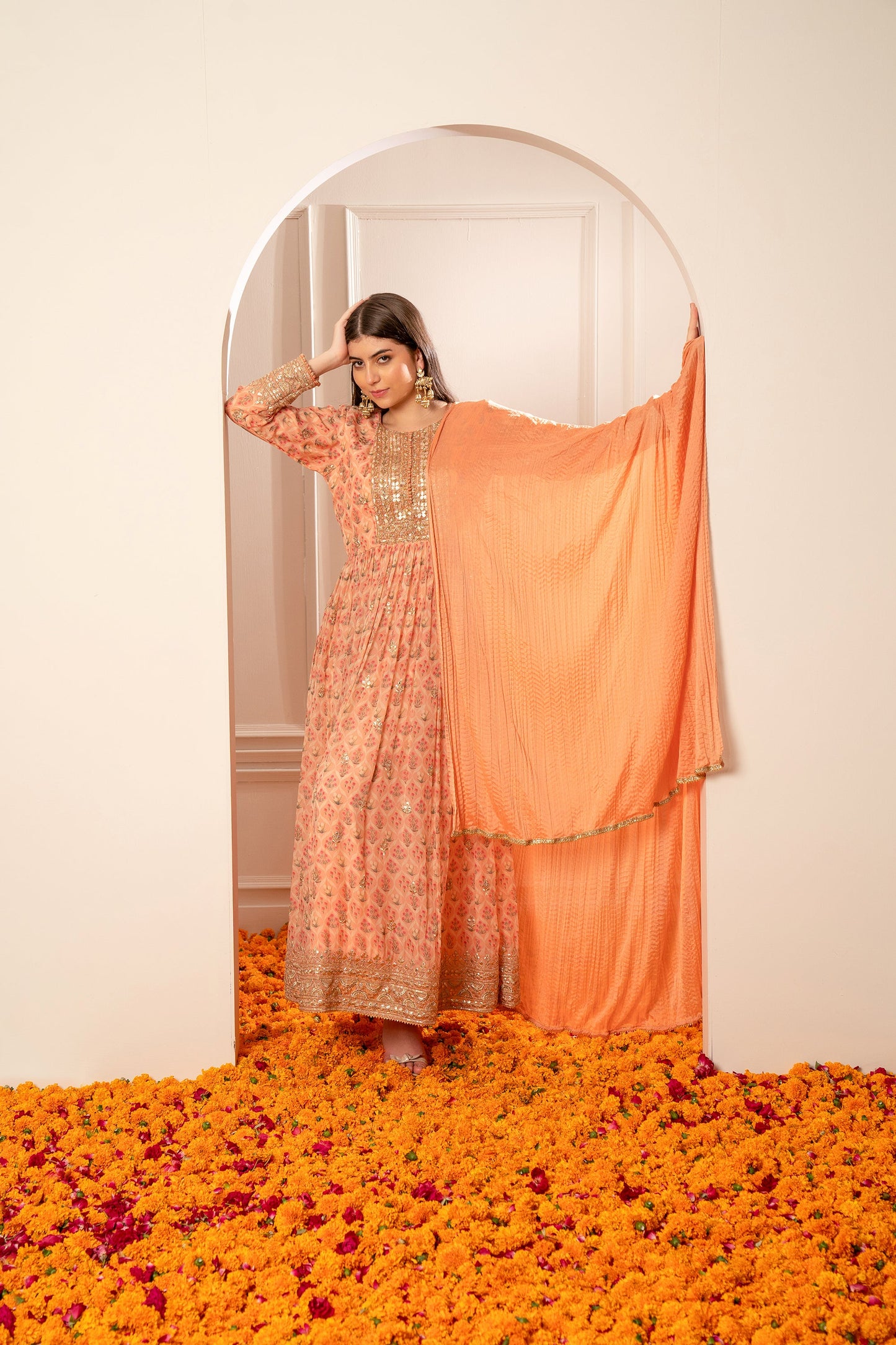 Bright Peach Printed Gota Patti Organza Gown