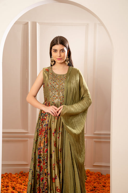 Mehendi Green Silk Gown with Mirror Embellishments.