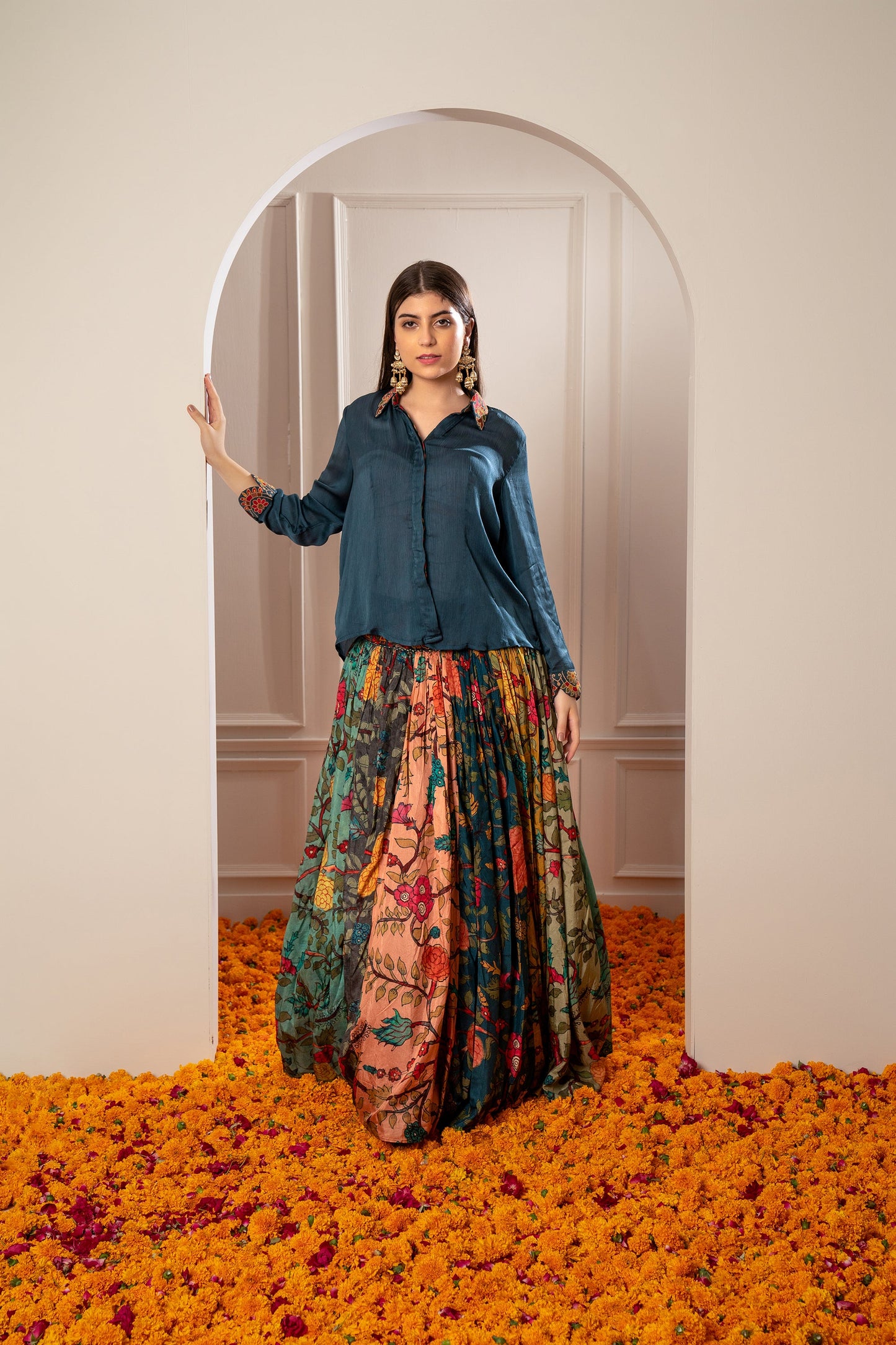 Deep Sage Green Multicoloured Semi Silk Printed Indo Western Set
