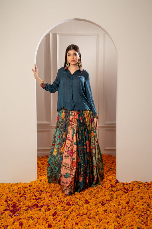 Deep Sage Green Multicoloured Semi Silk Printed Indo Western Set