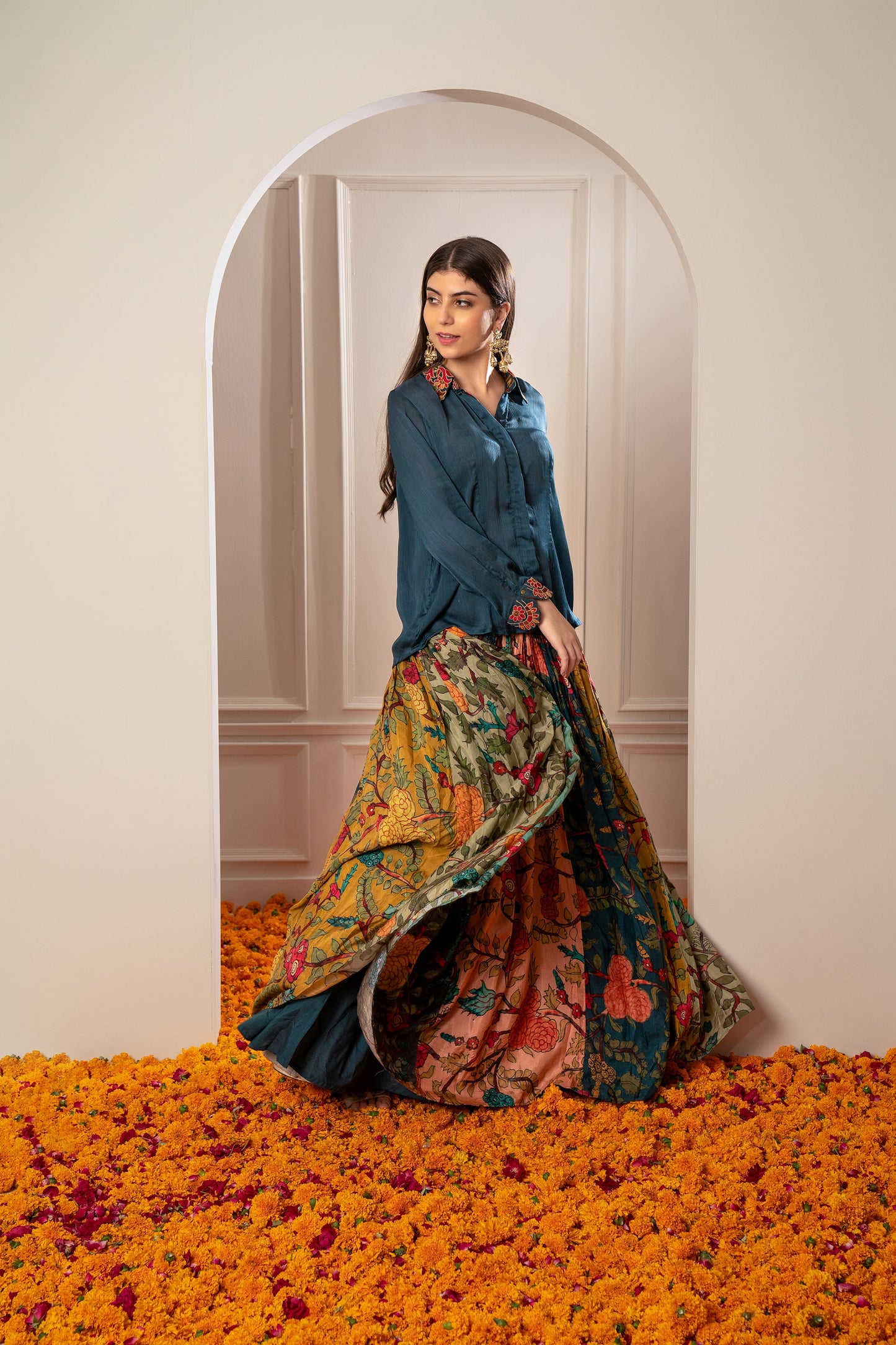 Deep Sage Green Multicoloured Semi Silk Printed Indo Western Set