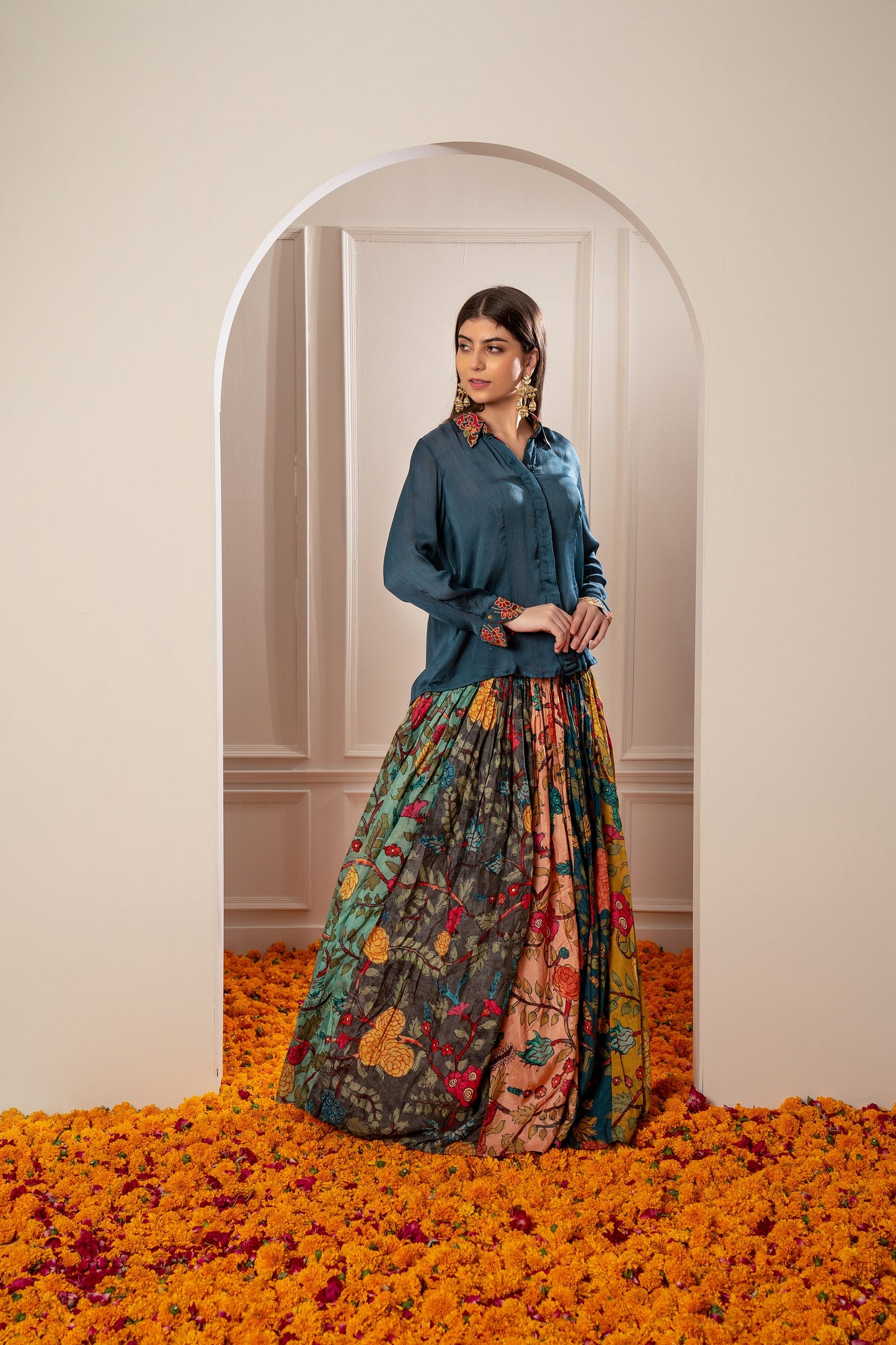 Deep Sage Green Multicoloured Semi Silk Printed Indo Western Set