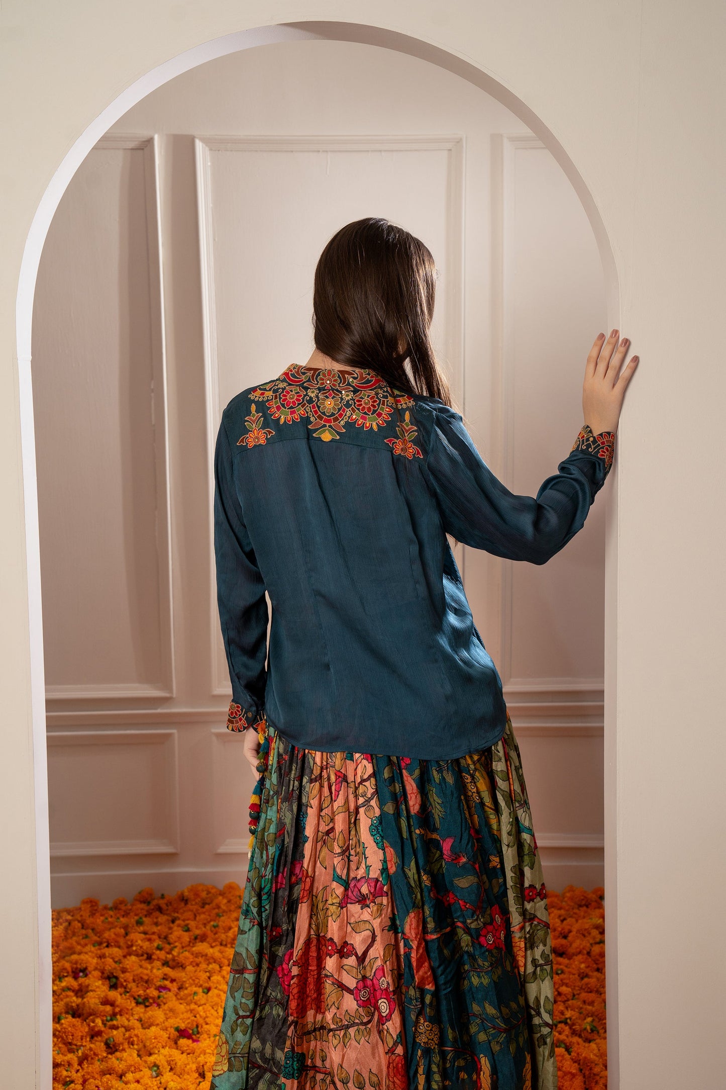 Deep Sage Green Multicoloured Semi Silk Printed Indo Western Set