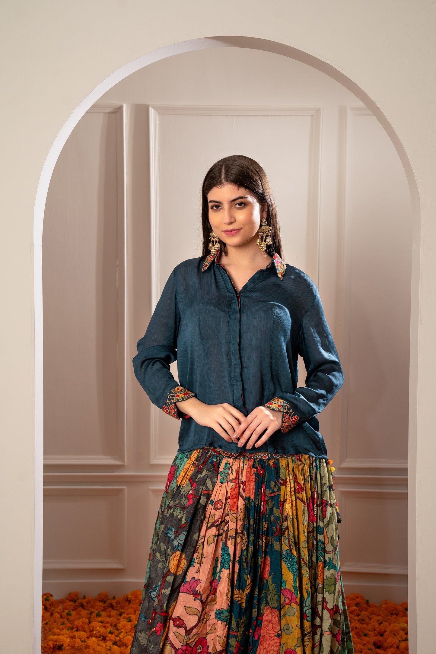 Deep Sage Green Multicoloured Semi Silk Printed Indo Western Set