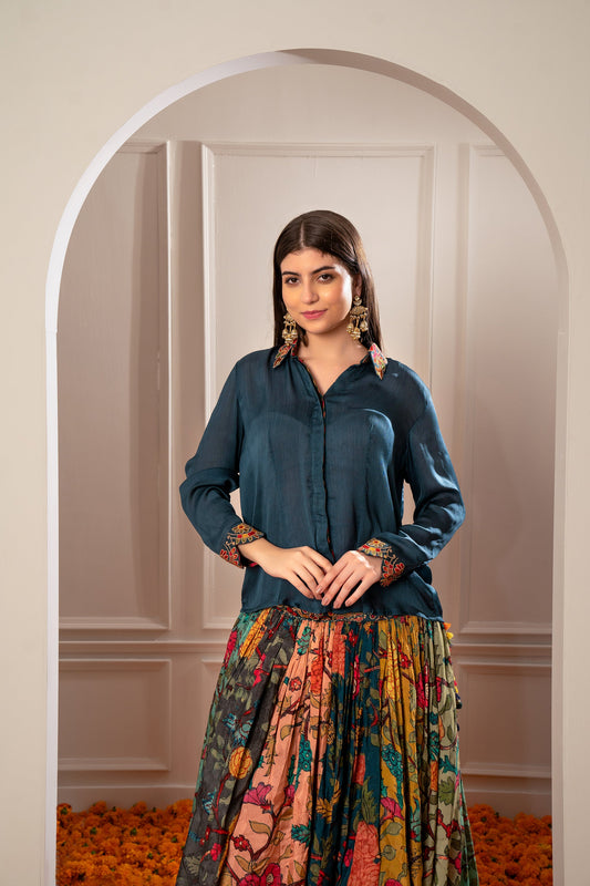 Deep Sage Green Multicoloured Semi Silk Printed Indo Western Set