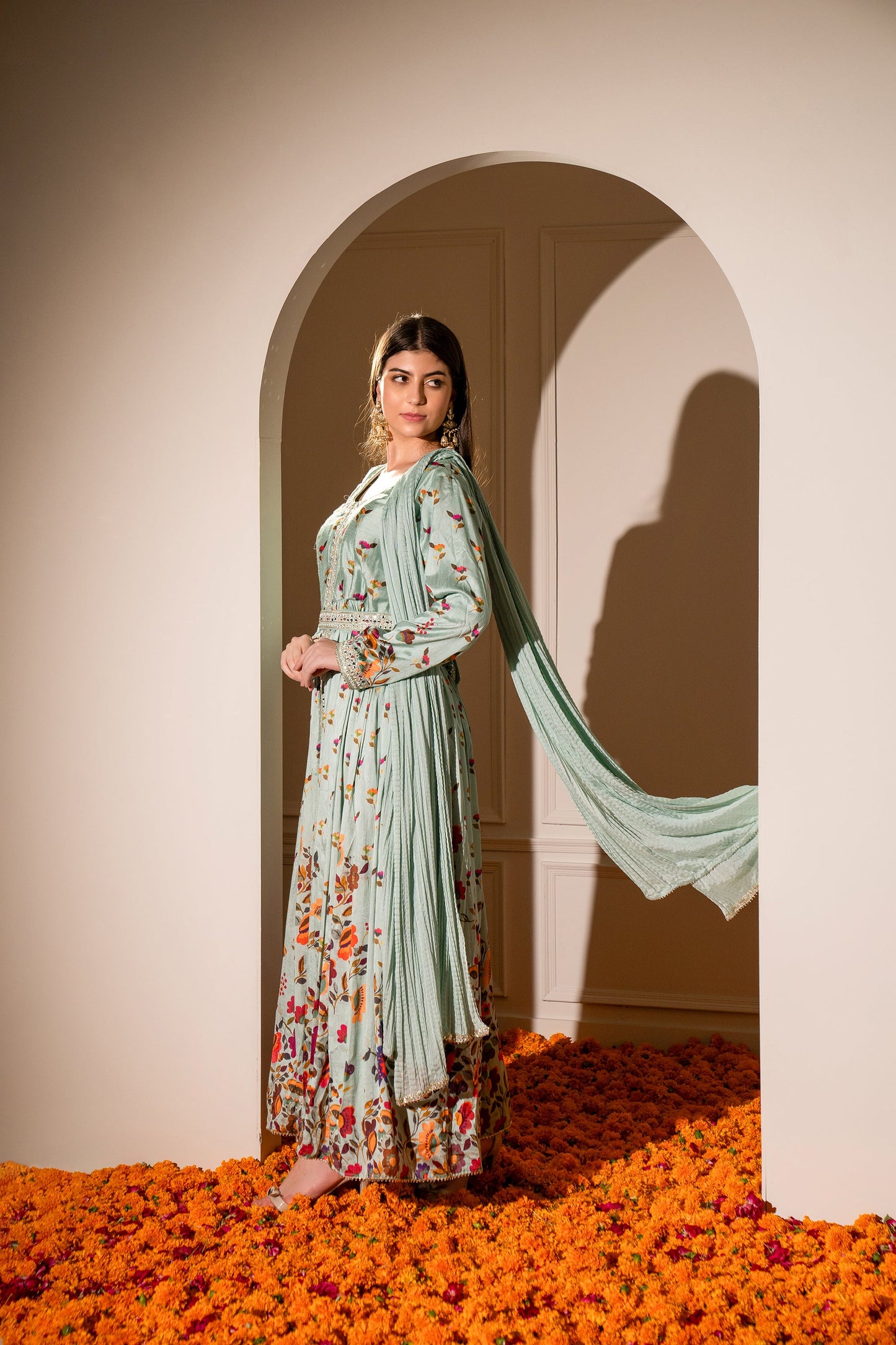 Pastel Sea Green Soft Silk Printed Gown with Intricate Mirror Work