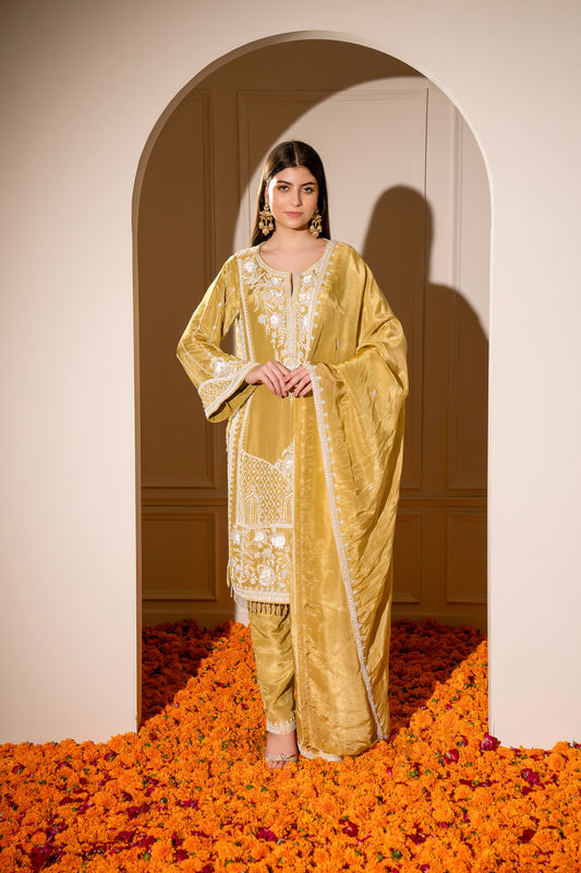 Mustard Yellow Satin Silk Hand Embroidered Pajami Suit