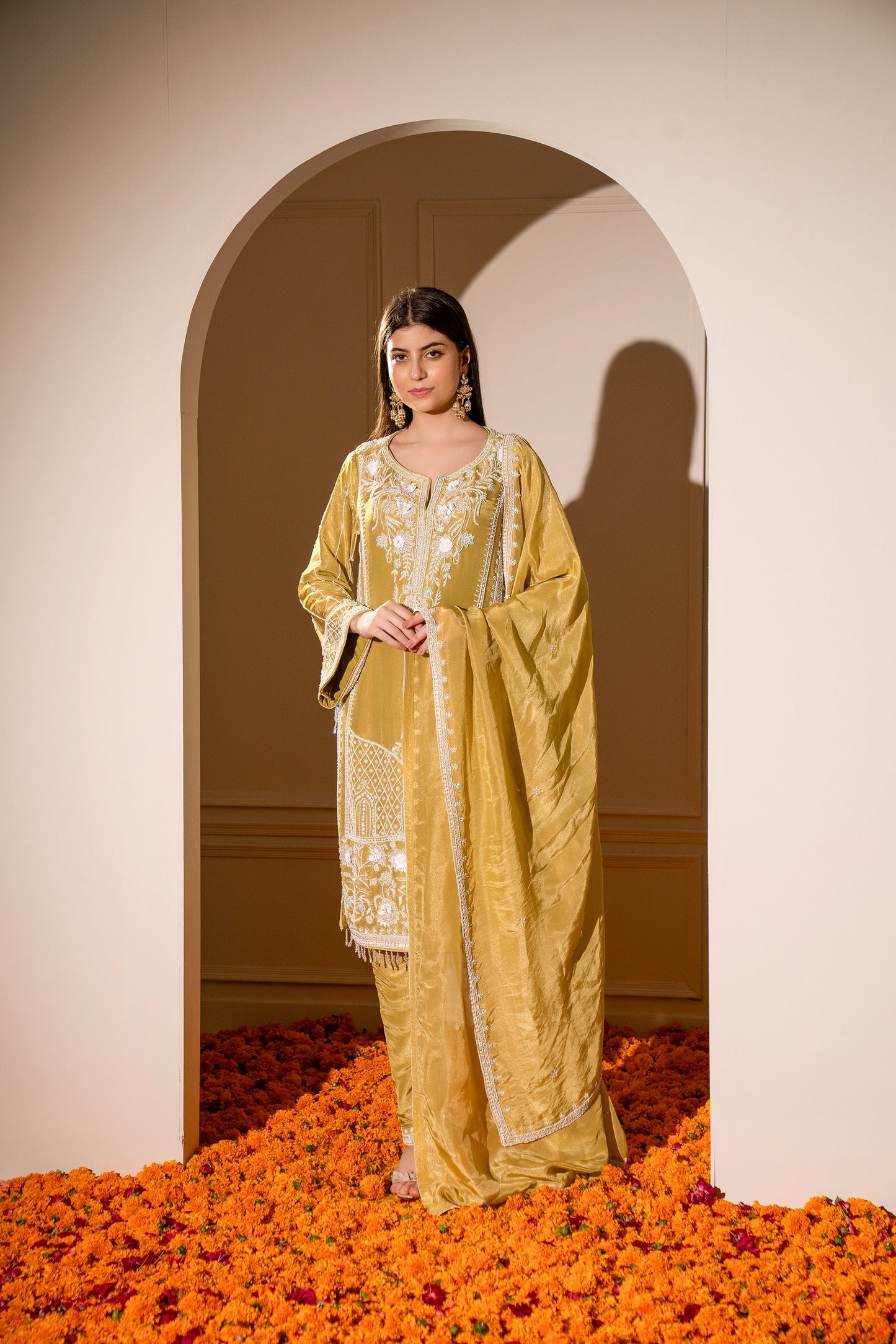 Mustard Yellow Satin Silk Hand Embroidered Pajami Suit
