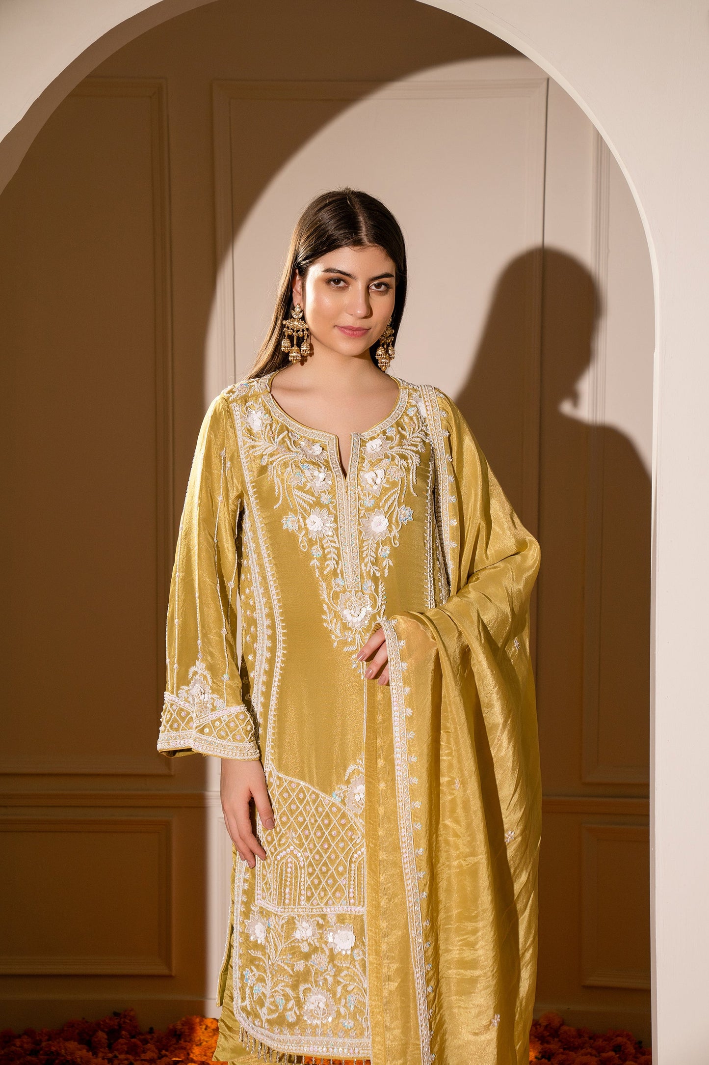 Mustard Yellow Satin Silk Hand Embroidered Pajami Suit